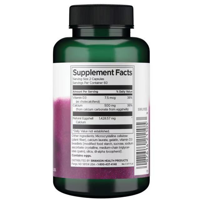 Retro del flacone verde. Etichetta bianca con informazioni nutrizionali. Contiene vitamina D3 e calcio.