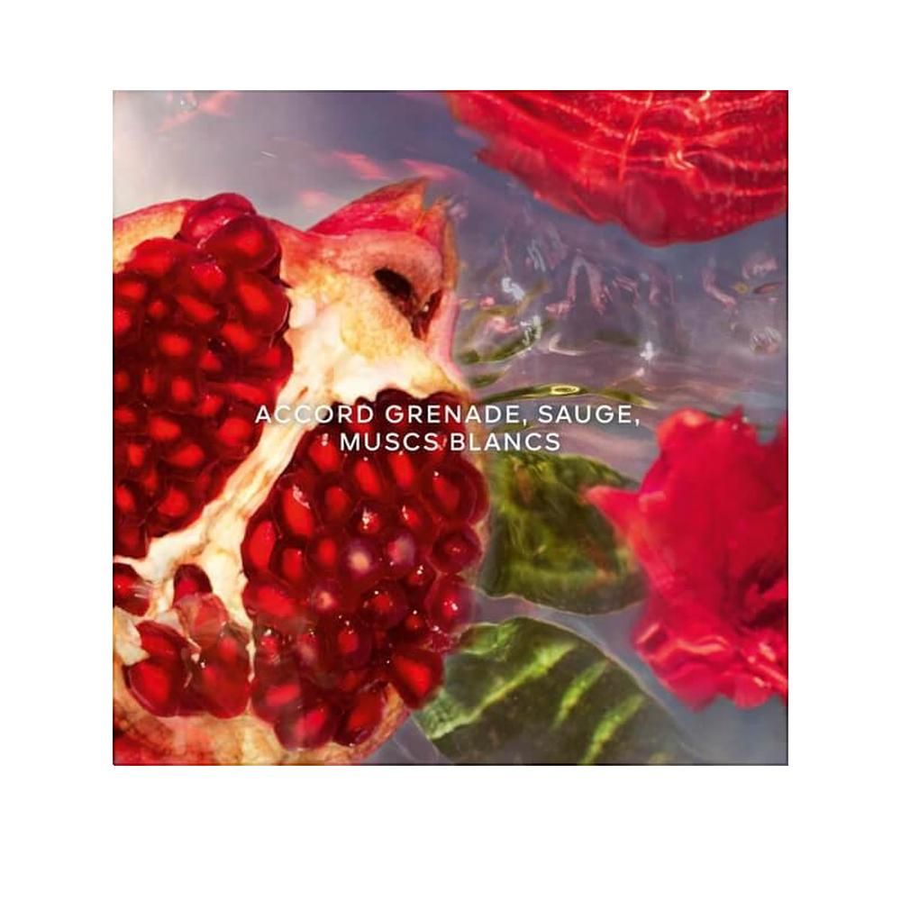 Metà melograno con testo: ACCORD GRENADE, SAUGE, & MUSCS BLANCS. Fiori e foglie rosse in acqua.