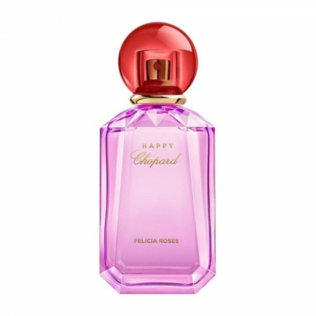 Flacone rosa con tappo rosso. Scritte dorate: Happy Chopard, Felicia Roses. Forma angolare con sfaccettature.