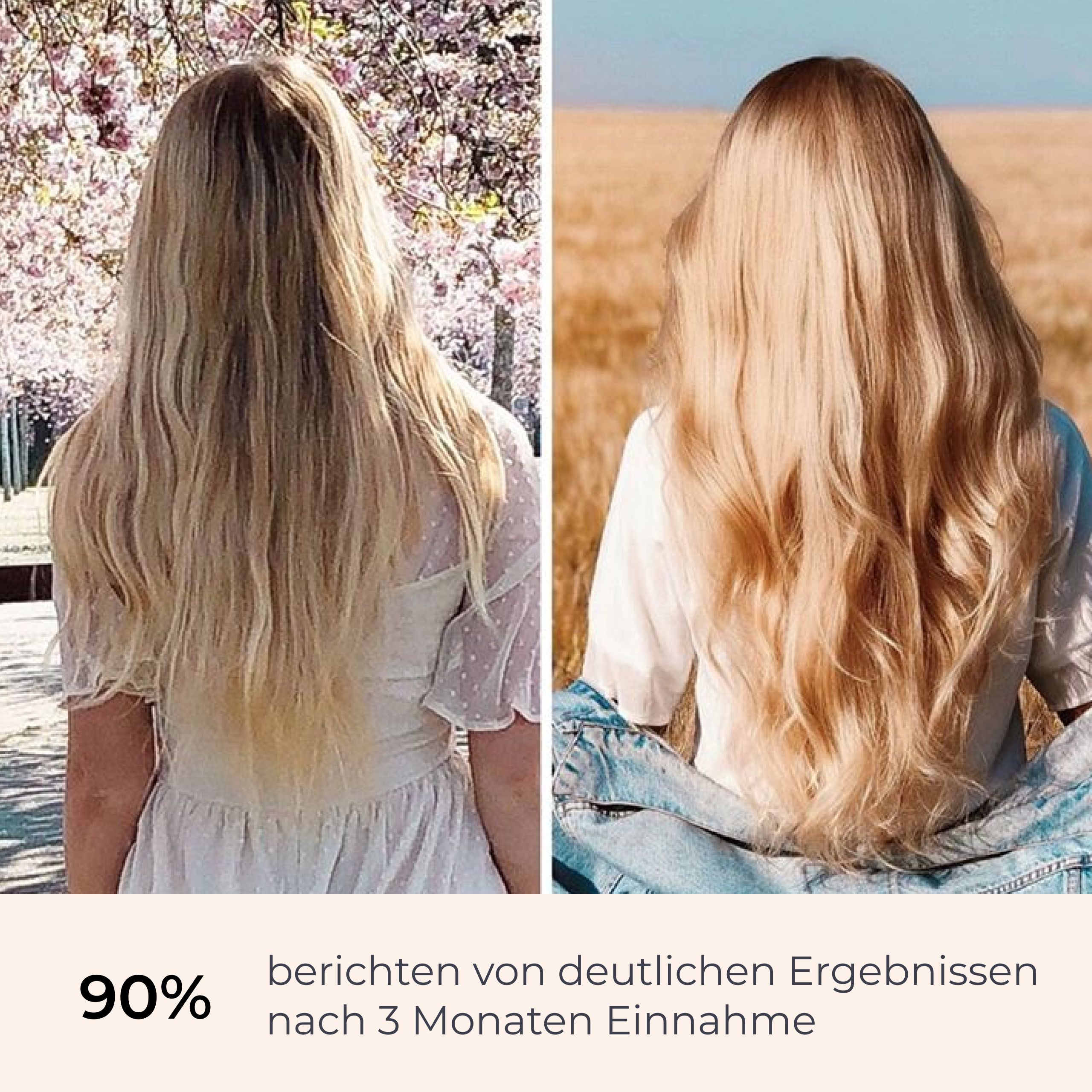 Confronto prima-dopo dei capelli. Capelli biondi, una volta corti, una volta lunghi e lucenti. Testo: Il 90% riporta risultati significativi dopo 3 mesi.