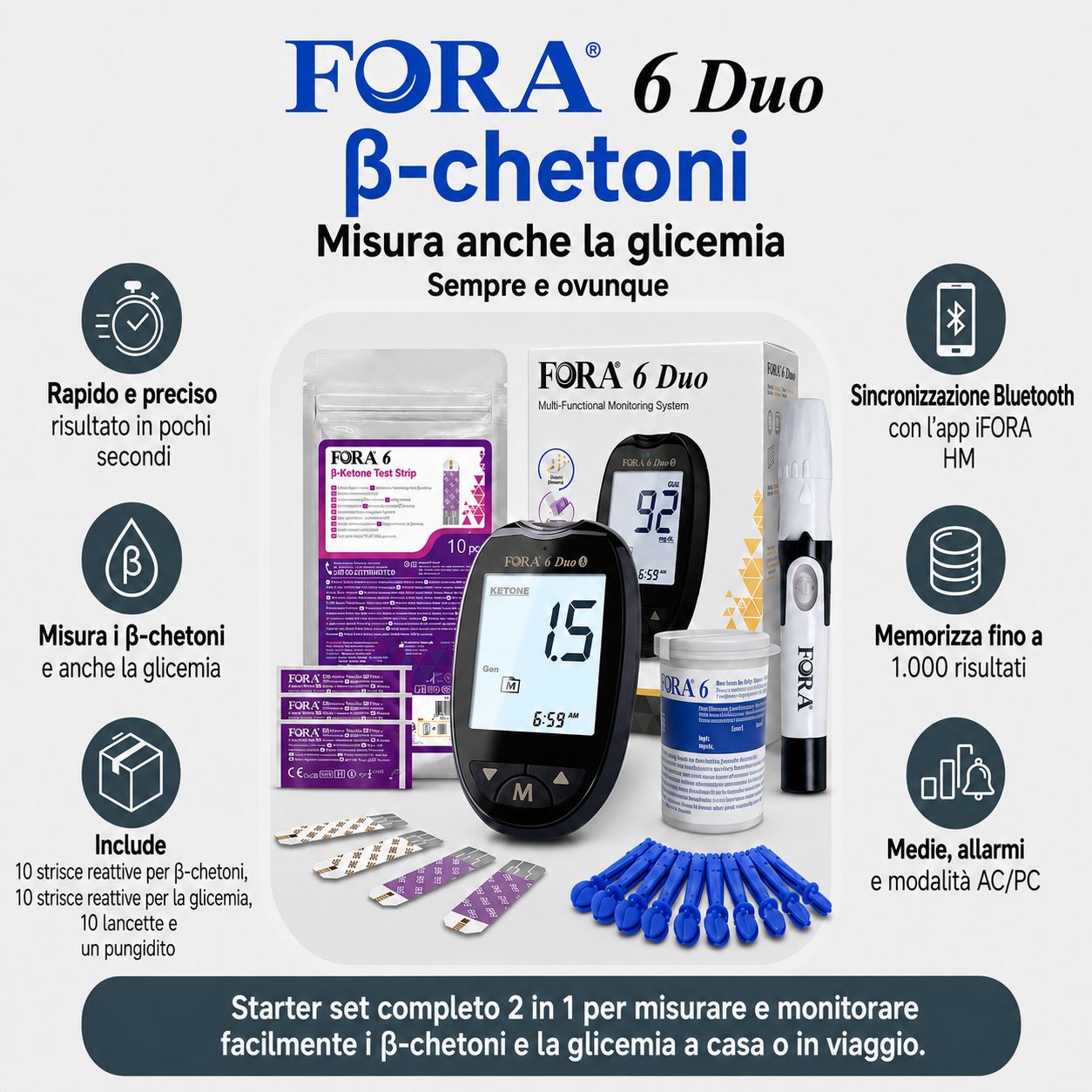 Misuratore di chetoni FORA 6 Duo: Misura chetoni e glicemia. Include strisce, lancette, pungidito e sincronizzazione Bluetooth.