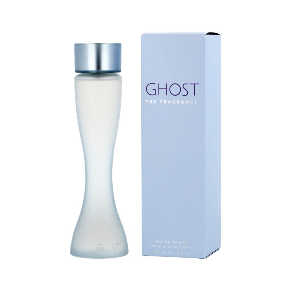 Flacone azzurro chiaro con tappo argentato e scritta GHOST. Accanto, confezione azzurra chiara con logo GHOST.