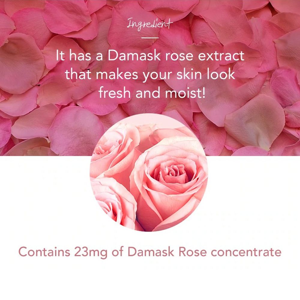 Sfondo di petali di rosa rosa. Testo: Ingredient, It has a Damask rose extract that makes your skin look fresh and moist!, Contains 23mg of Damask Rose concentrate.