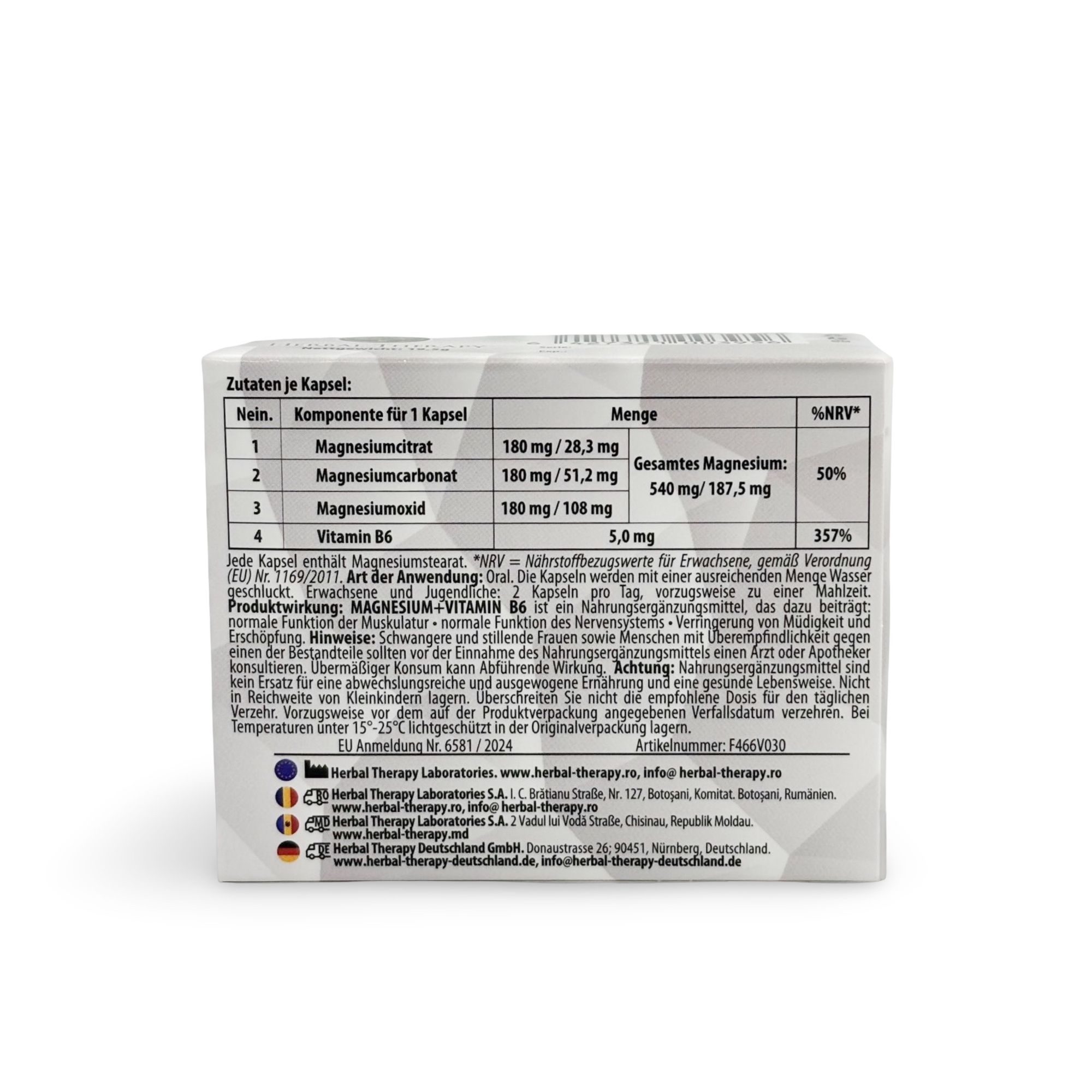 Retro della confezione con elenco ingredienti e informazioni nutrizionali. Testo in tedesco. Informazioni produttore.