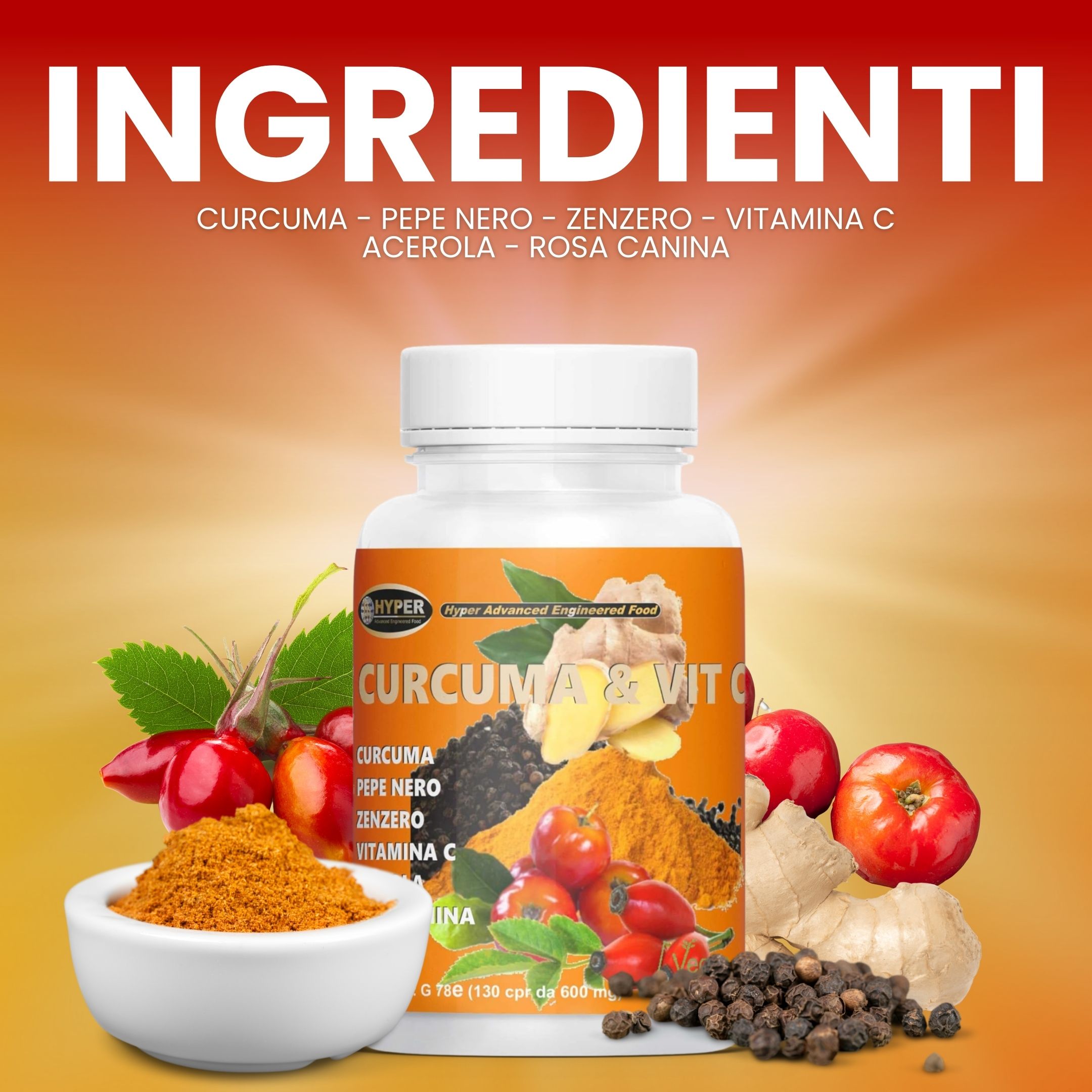 Flacone bianco di compresse. Ingredienti: Curcuma, pepe, zenzero, vitamina C, acerola, rosa canina.