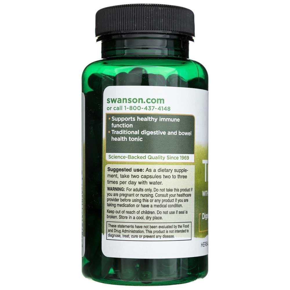 Retro di un barattolo SWANSON Triphala con istruzioni per l'uso e avvertenze.