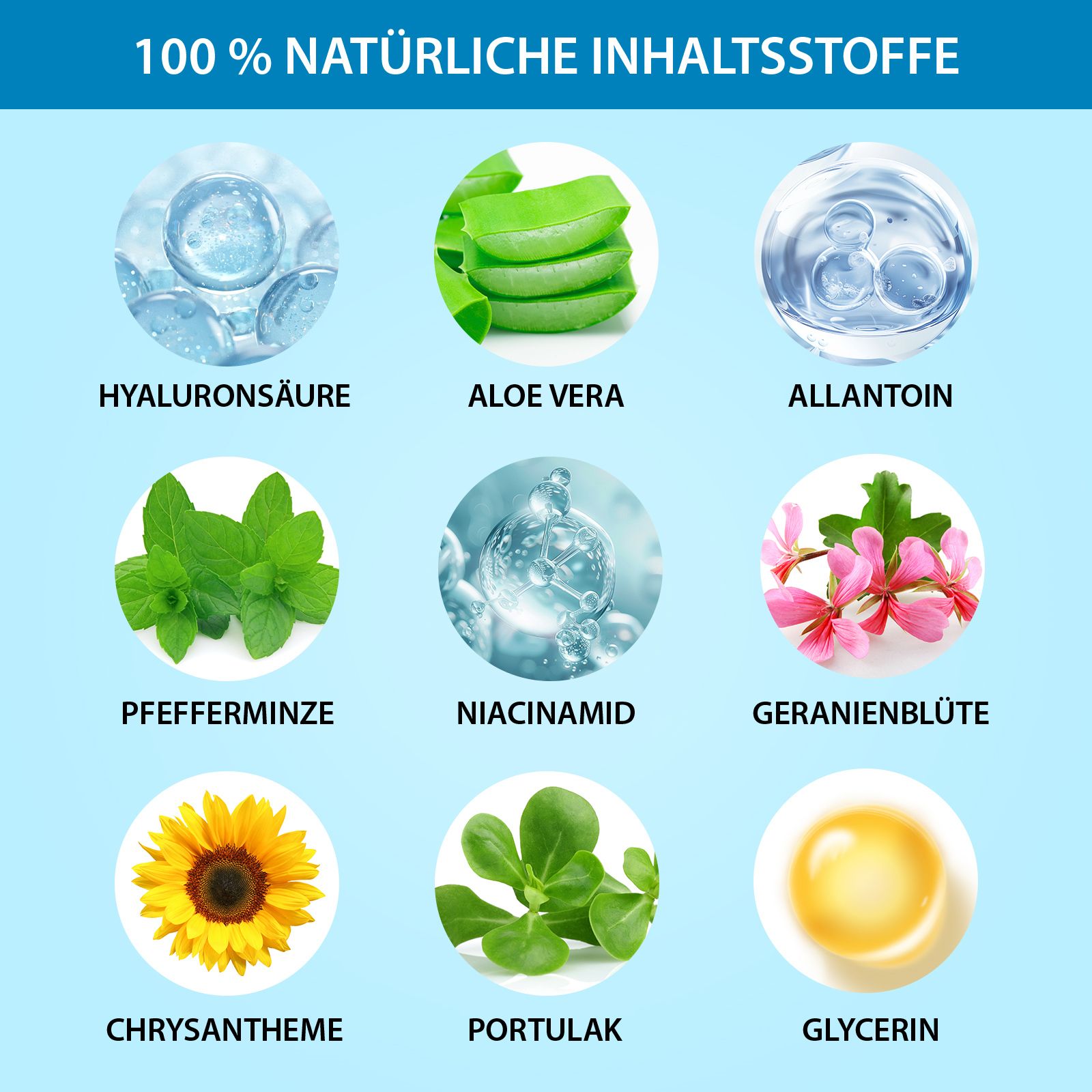 Vari ingredienti naturali: Acido ialuronico, Aloe Vera, Allantoina, Menta piperita, Niacinamide, Fiore di geranio, Crisantemo, Portulaca, Glicerina.