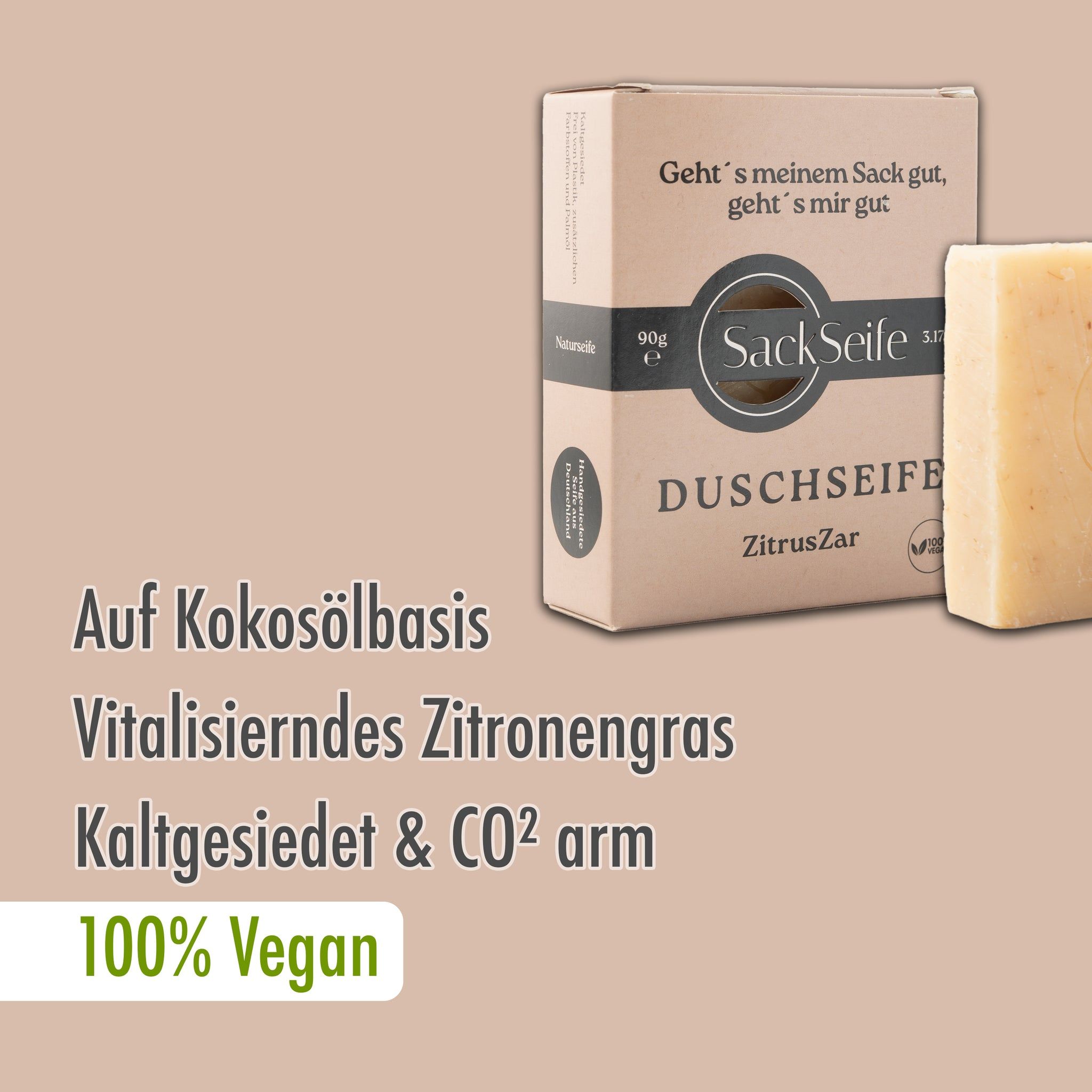 Sapone doccia ZitrusZar e confezione. Sapone quadrato, scatola con testo e logo. Scritta: 100% Vegan.