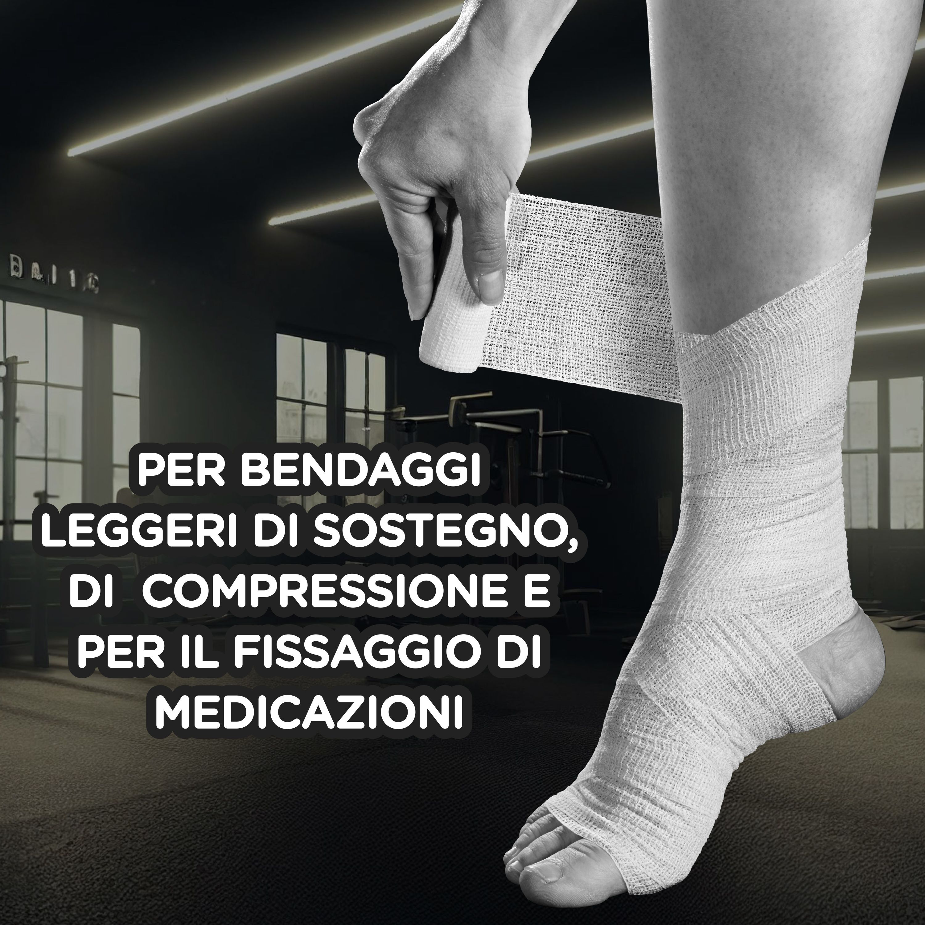 Persona che avvolge la gamba con una benda bianca. Testo: Per bendaggi leggeri di sostegno, di compressione e per il fissaggio di medicazioni.