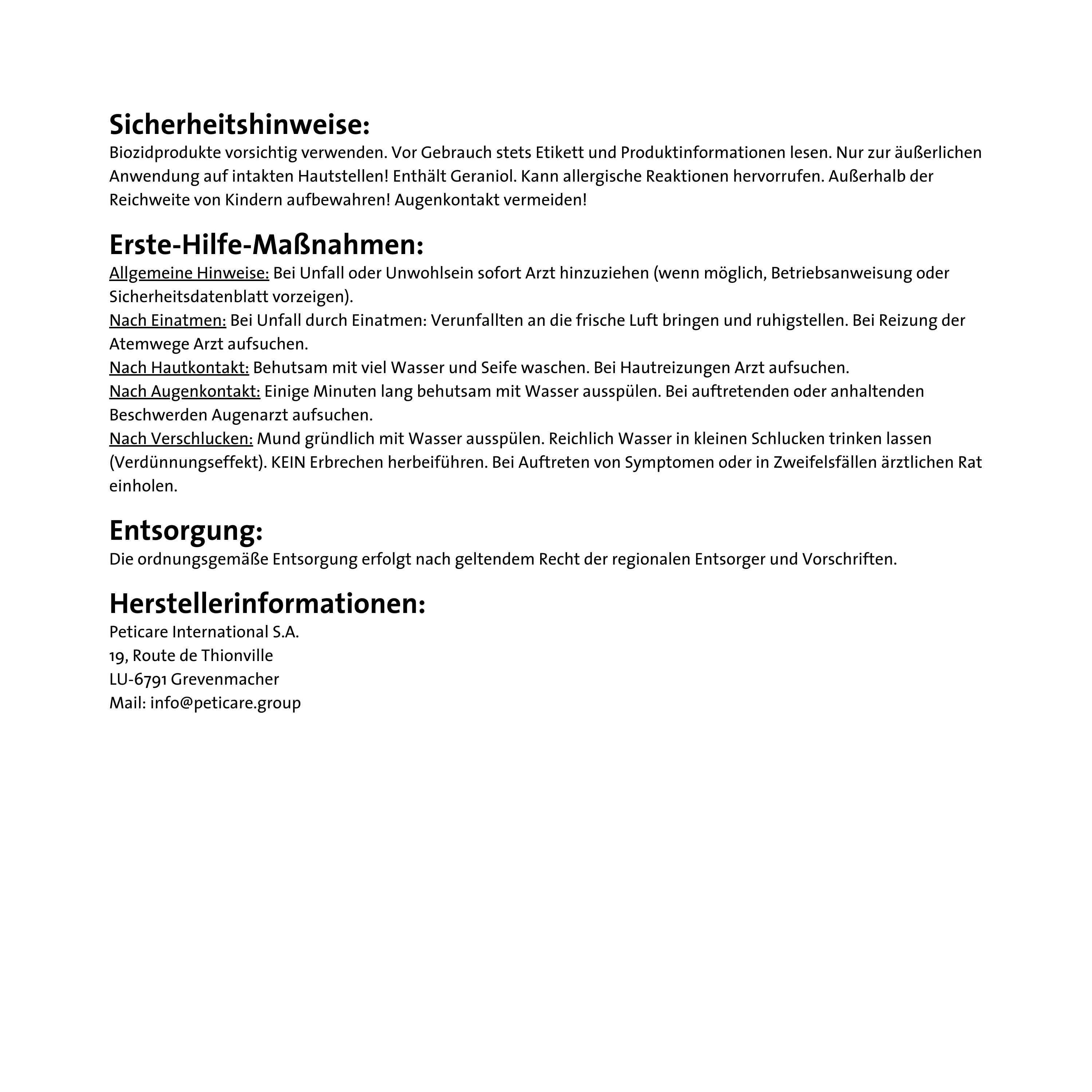Istruzioni di sicurezza e di primo soccorso. Informazioni sul produttore: Peticare International S.A. Indirizzo e contatti.