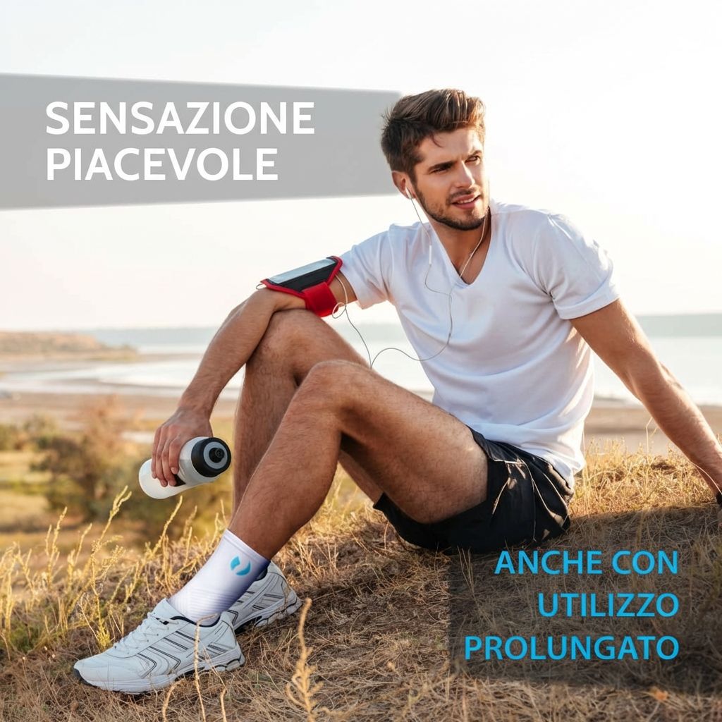 Uomo seduto sulla spiaggia con tutore alla caviglia. Prodotto bianco con logo blu. Per uso prolungato.