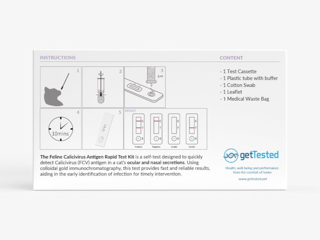 Confezione con illustrazioni e testo. Contiene cassetta di test, provetta, tampone, foglietto illustrativo e sacco per rifiuti medici.