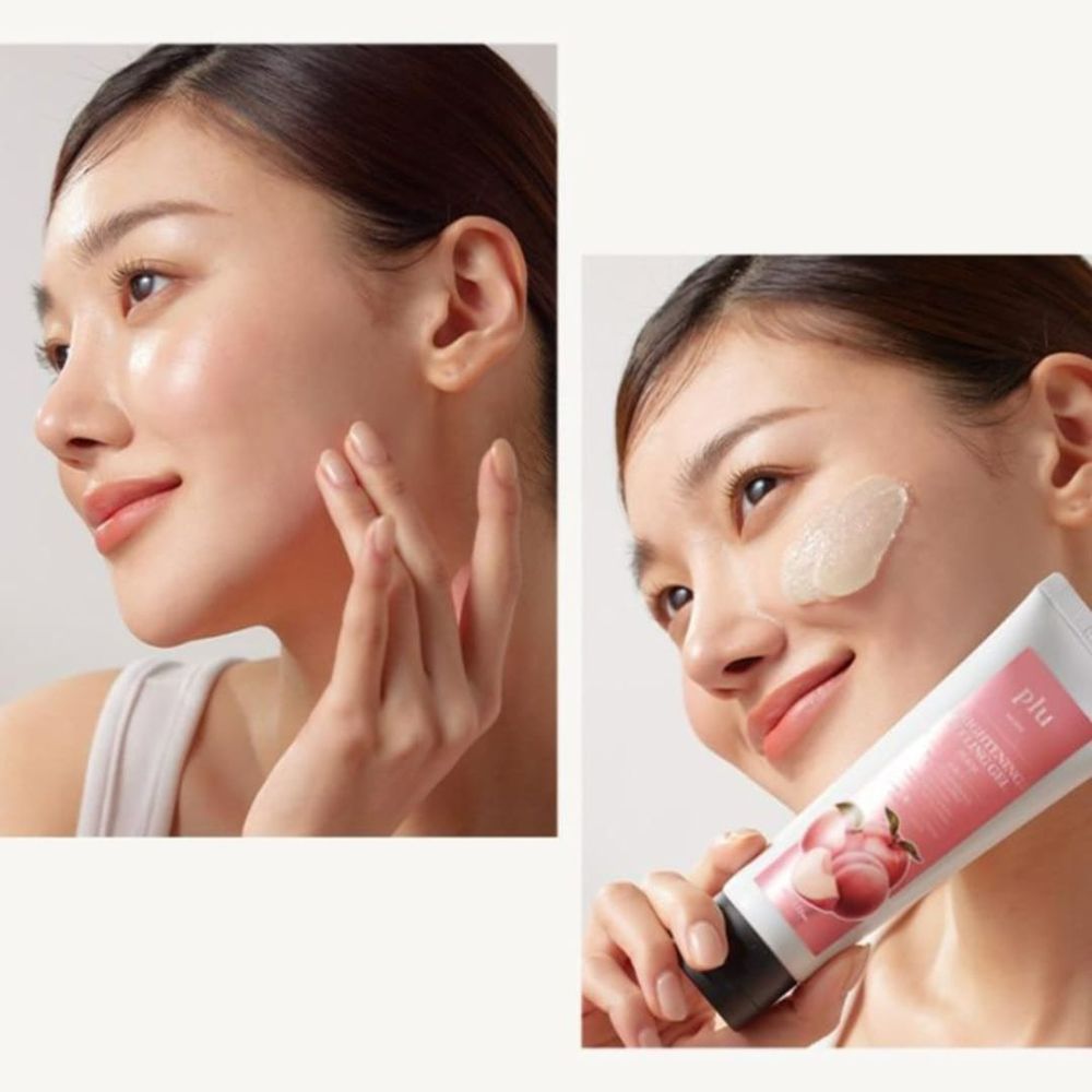 Donna applica gel. Sinistra: viso. Destra: tubo di gel con nome del prodotto.