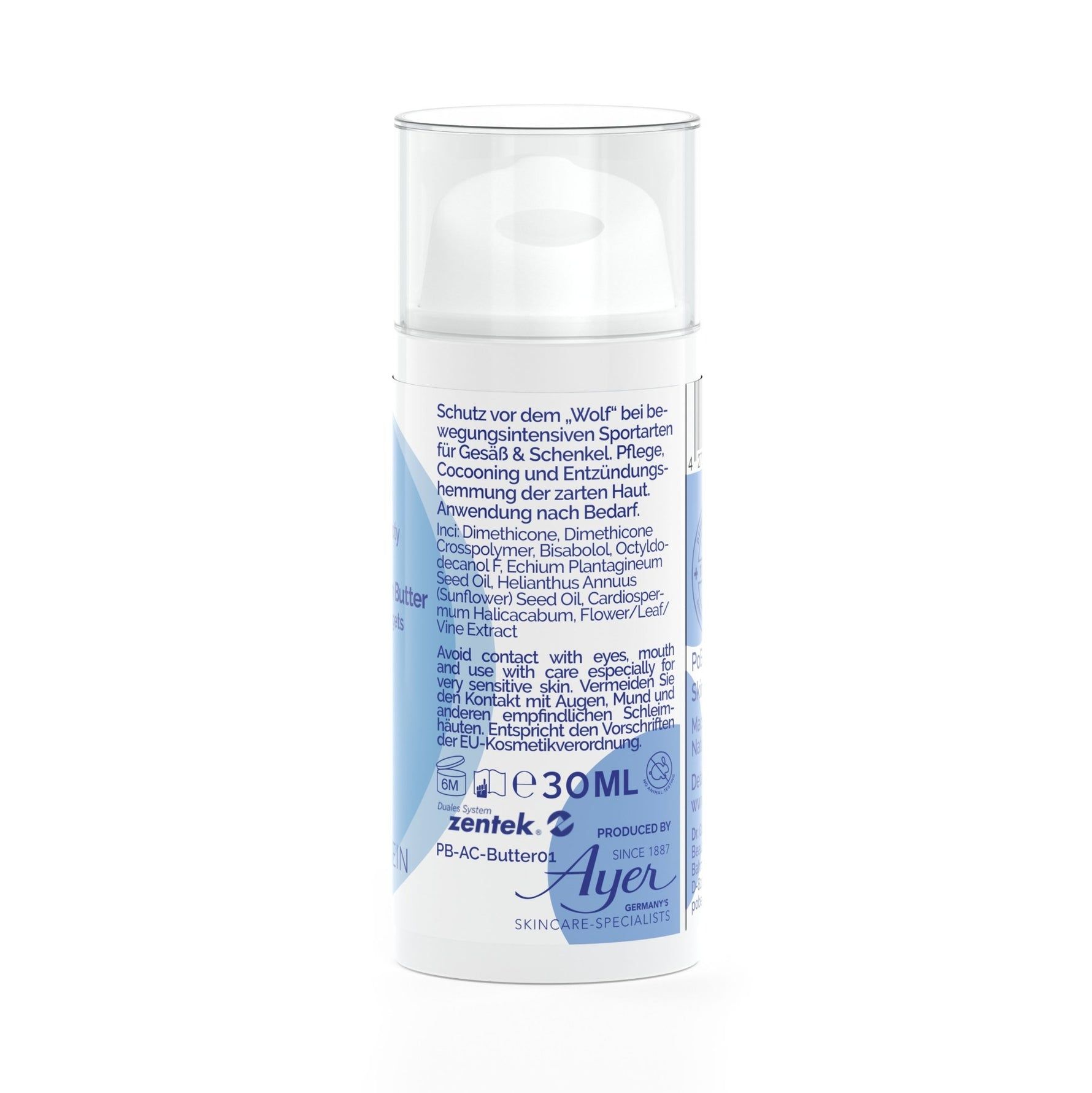 Flacone cilindrico con dispenser. Etichette blu con testo e ingredienti. Volume: e30ml. Marchio: Ayer Skincare Specialists.