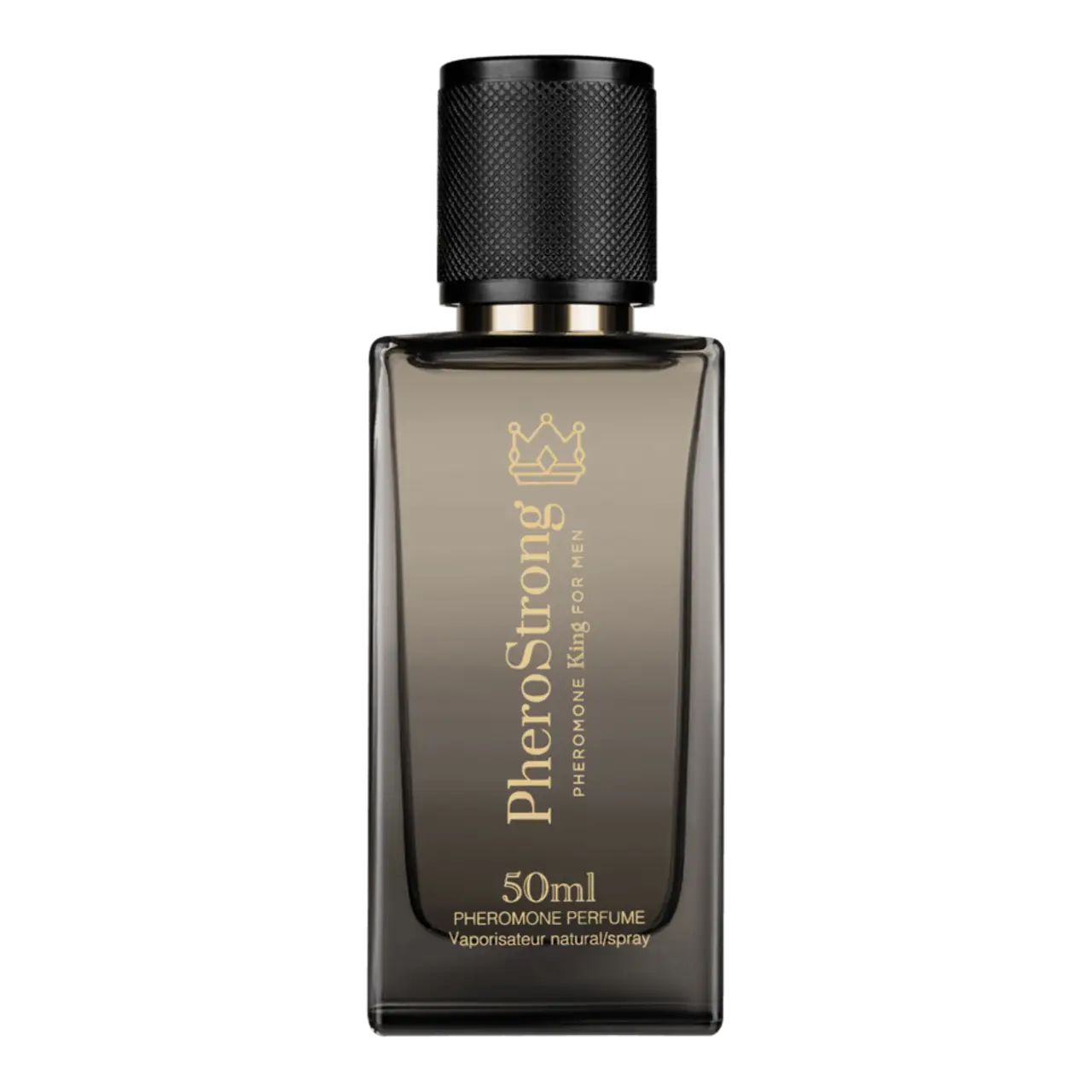 Flacone di profumo grigio scuro con tappo nero. Forma rettangolare. Scritta e logo dorati. 50ml.