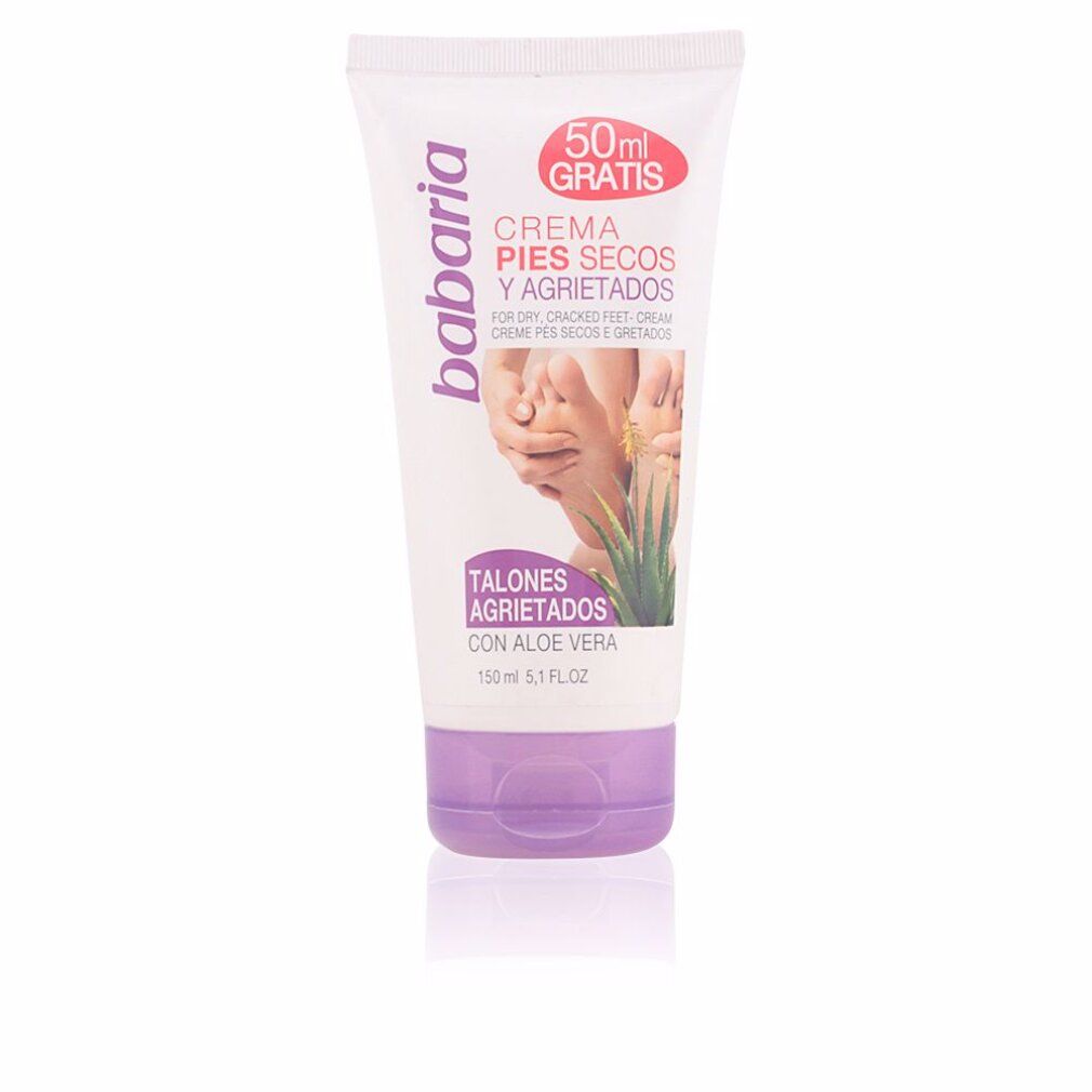 Tubo bianco-viola. Scritto: Babaria, crema per piedi secchi. Con aloe vera. 150 ml.