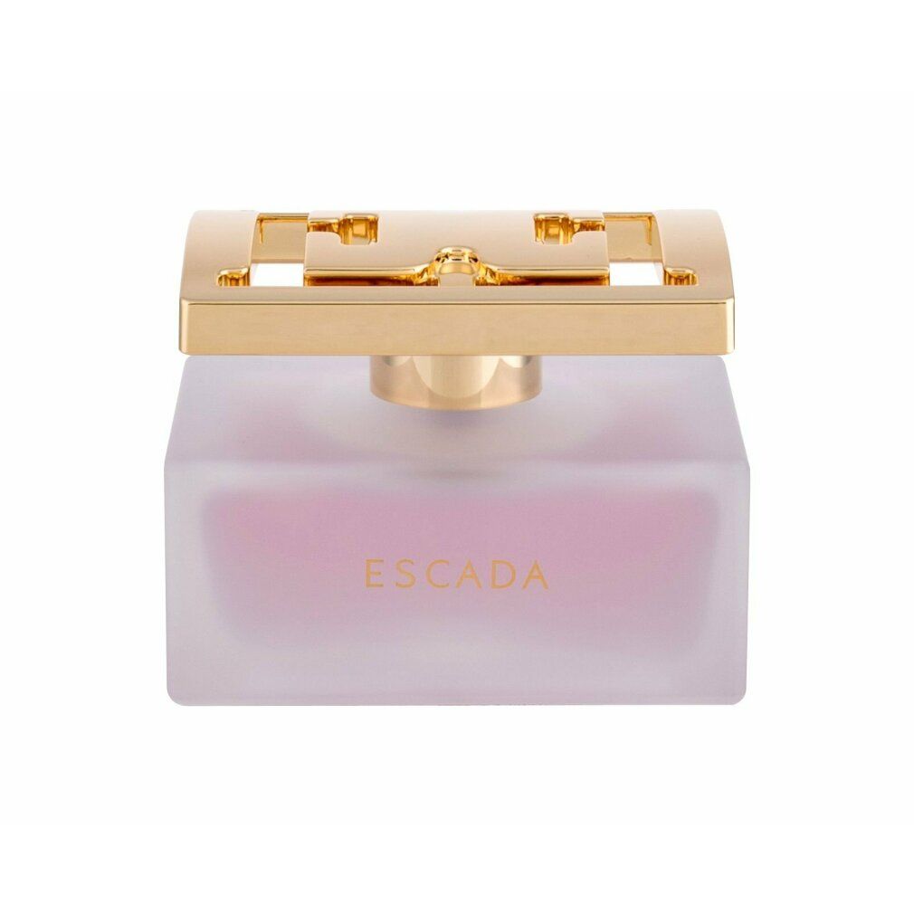 Flacone di profumo. Flacone rettangolare, smerigliato, rosa, con tappo dorato. Scritta 'ESCADA'.