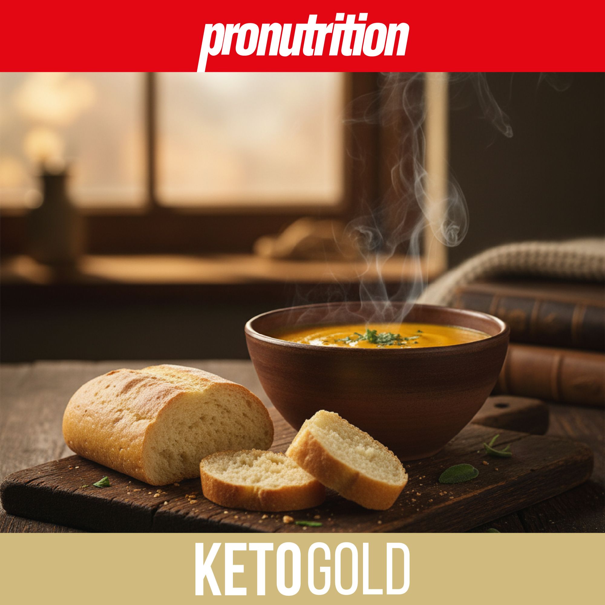 Fette di pane accanto a una ciotola di zuppa. Marchio Pronutrition, etichetta Ketogold.