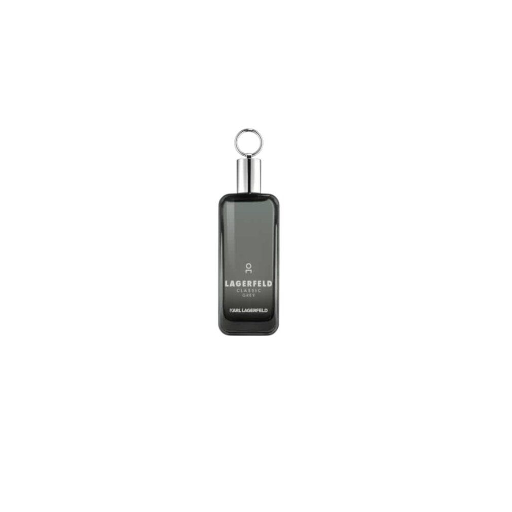 Flacone Karl Lagerfeld Classic Grey Eau de Toilette. Flacone in vetro grigio con tappo argentato e anello.