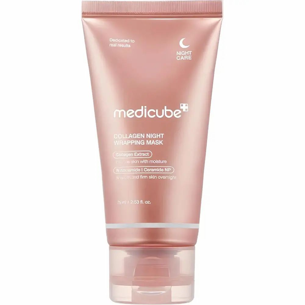 Tubo rosa con testo del prodotto. Marchio: medicube+. Nome prodotto: Collagen Night Wrapping Mask. 75 ml.