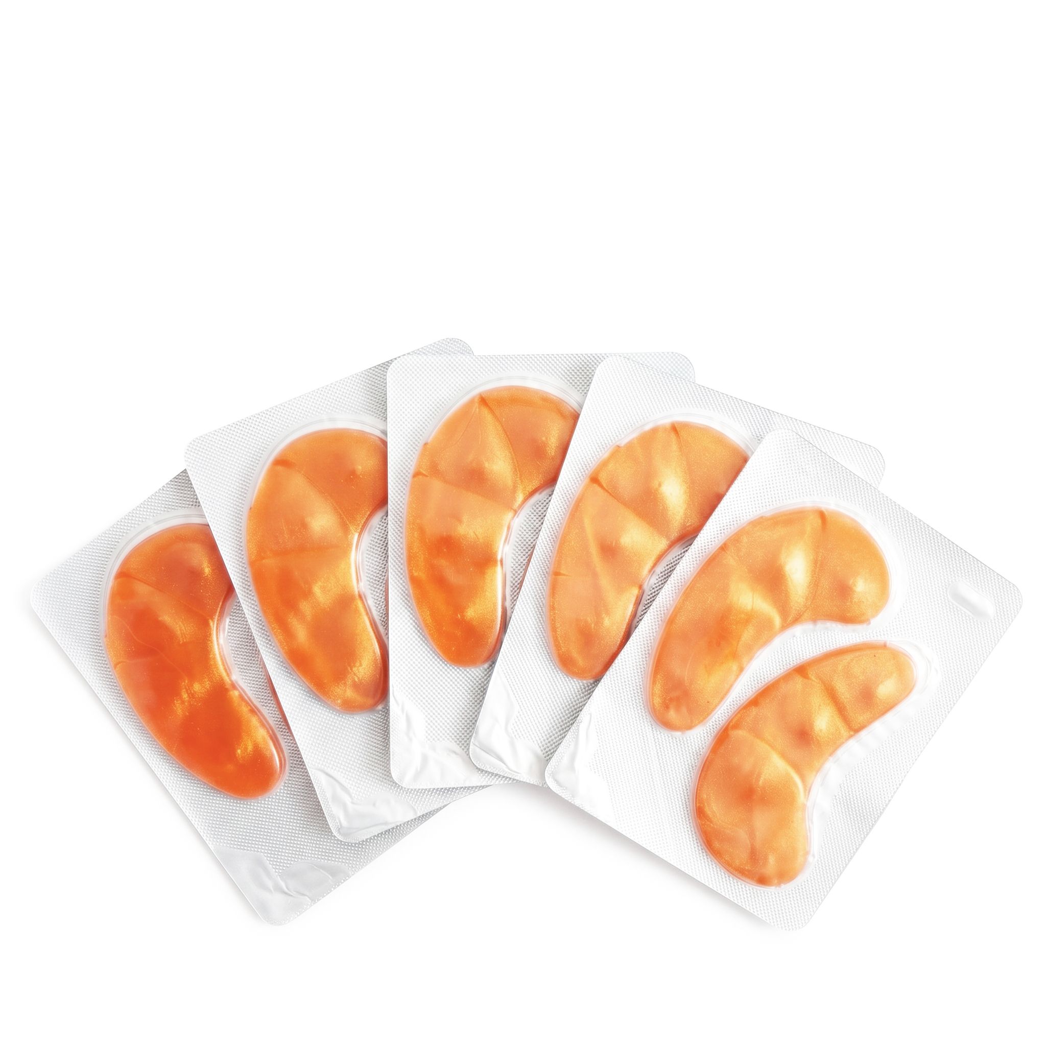 Cinque confezioni singole, ciascuna con due patch oculari idrogel arancioni.