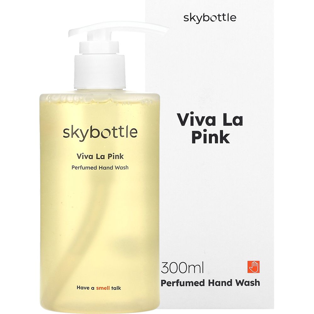 Sapone liquido SKYBOTTLE Viva La Pink con confezione. Bottiglia bianca con dispenser e scatola.
