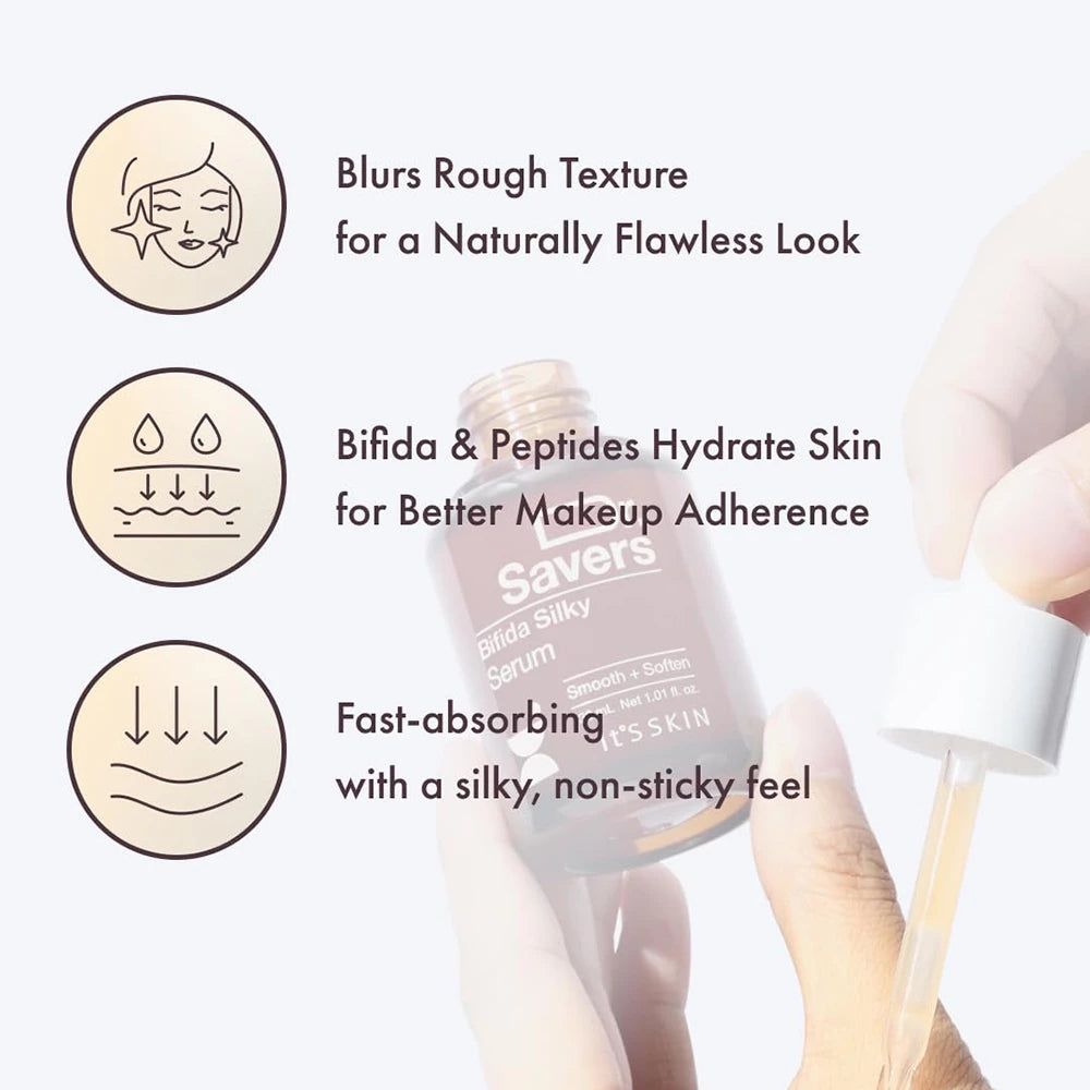 Flacone marrone con tappo bianco e pipetta. Nome prodotto: Dr. Savers Bifida Silky Serum. Scritta: Smooth + Soften.