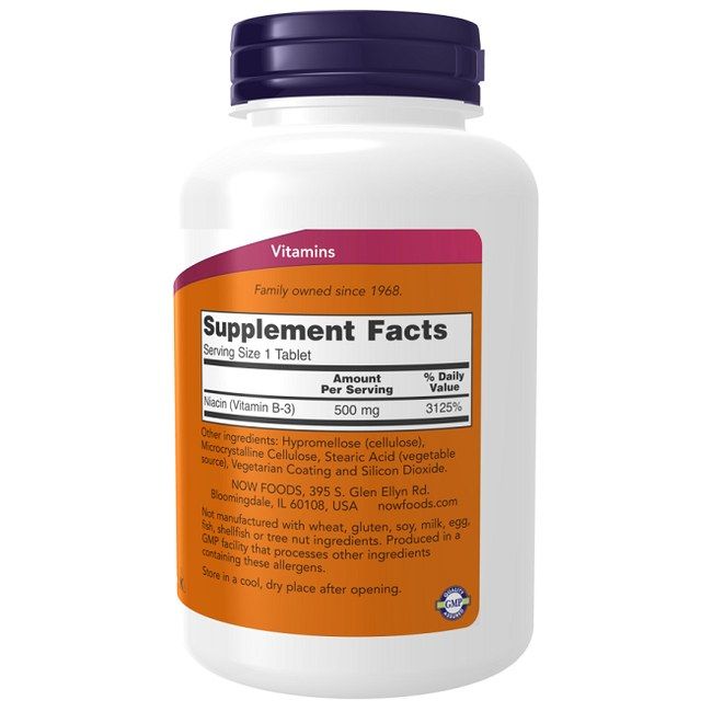 NOW Niacina 500 mg, Supplement Facts, 250 compresse, Niacina (Vitamina B-3).