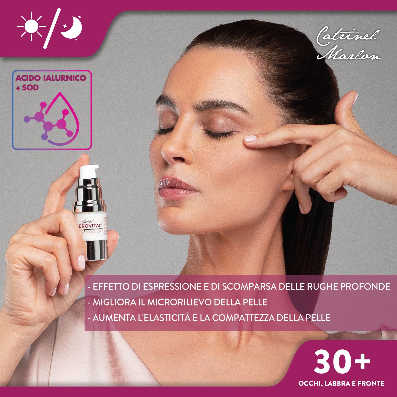 Donna con siero Gerovital. H3 Evolution. Pelle rosa. Testo: 30+ occhi, labbra, fronte. Acido Ialuronico + SOD.