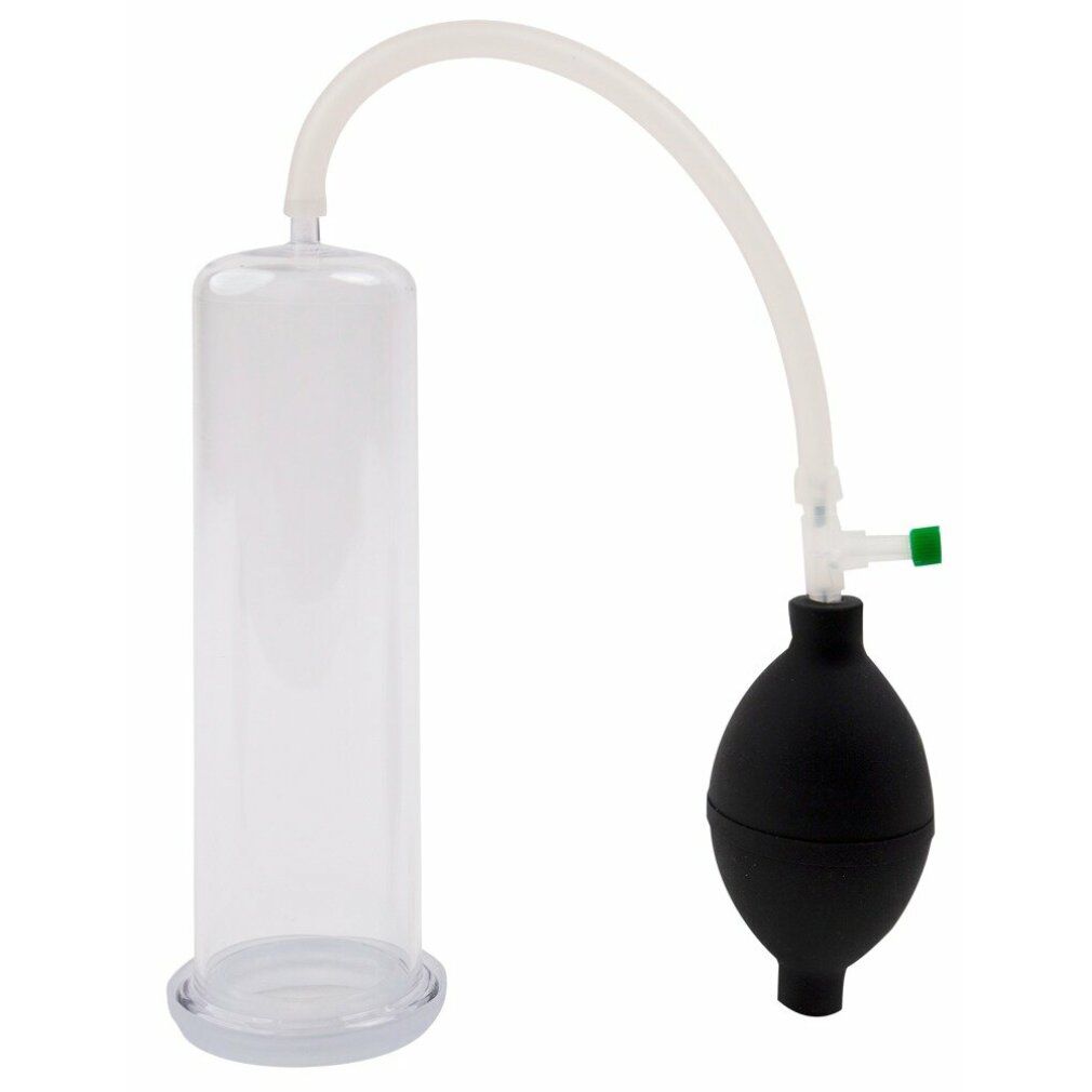 Cilindro trasparente con sfera nera, tubo e valvola verde. Base. Cilindro trasparente.