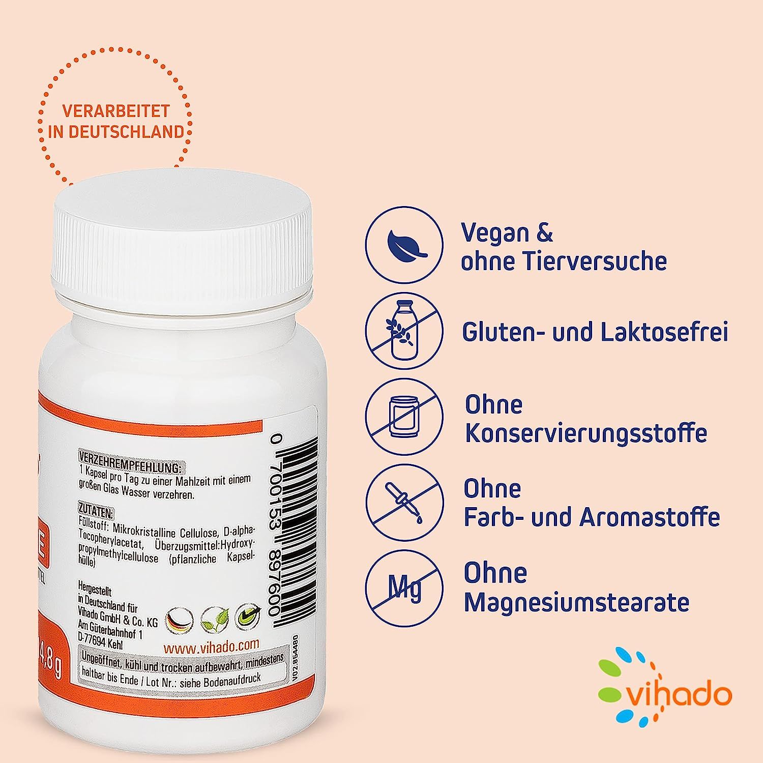 Vihado Vitamina E - integratore alimentare vegano con dosi elevate di vitamina E