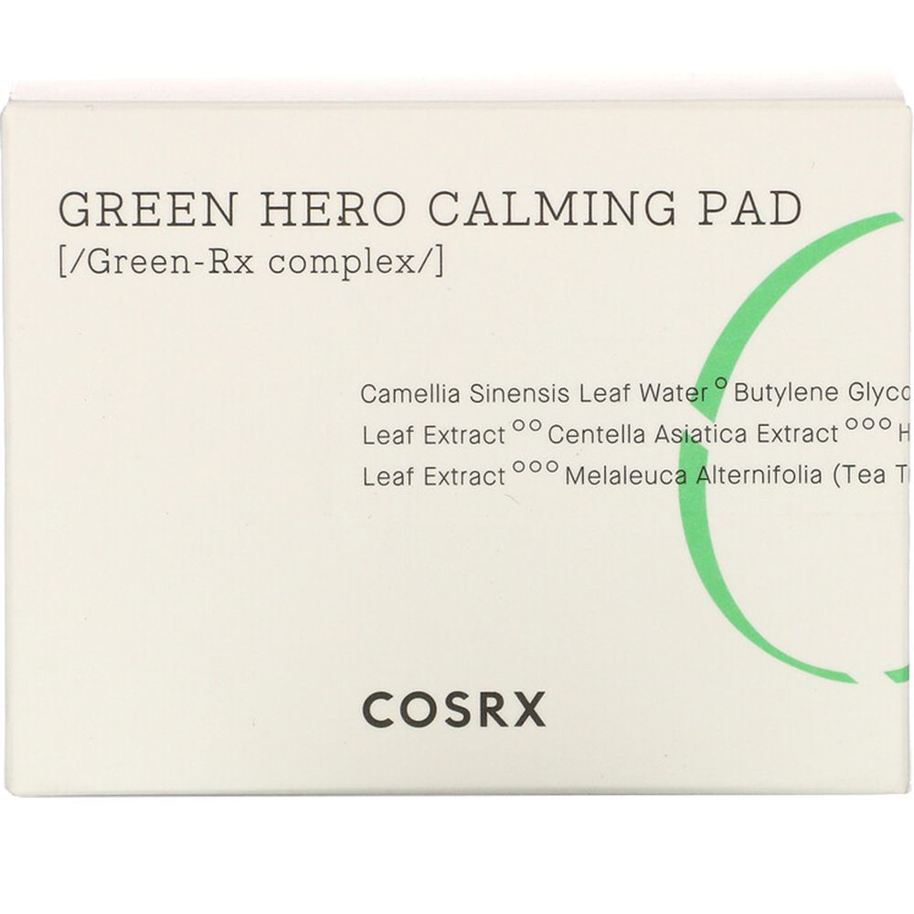Confezione bianca con scritta: Green Hero Calming Pad, COSRX. Accenti verdi e ingredienti.