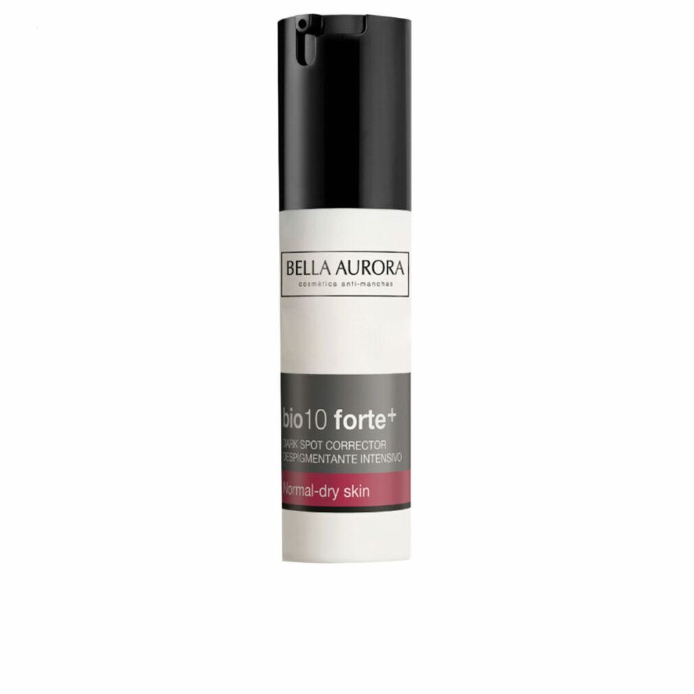 Flacone Bella Aurora Bio Forte 10+. Design nero, bianco e grigio. Nome del prodotto e testo visibili. Per pelli normali-secche.