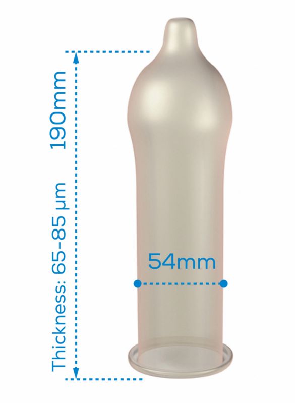 Preservativo Pasante Regular: 190mm lunghezza, 54mm larghezza, 65-85 micron spessore.