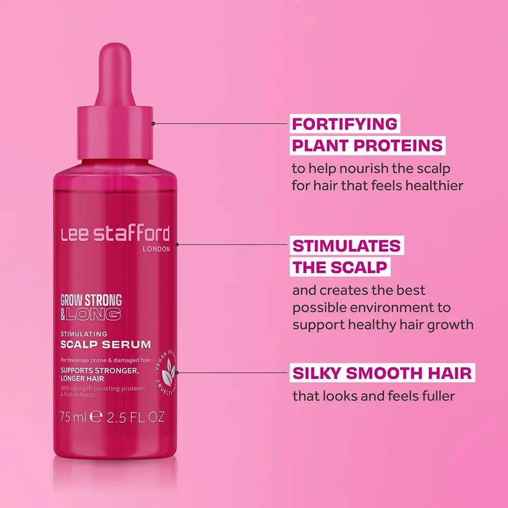Flacone contagocce rosa del siero Grow Strong & Long di Lee Stafford, con testo su proteine vegetali.