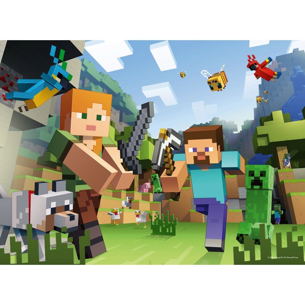 Puzzle Minecraft con Steve, Alex, lupo, Creeper e ambiente. 100 pezzi. Sfondo: cielo e alberi. Personaggi in pixel art.
