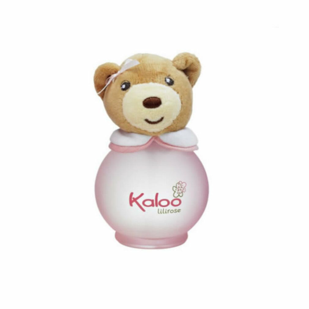 Flacone rosa con testa di orsetto. Scritta: Kaloo Lilirose. Orsetto con fiocco. Flacone con colletto rosa.