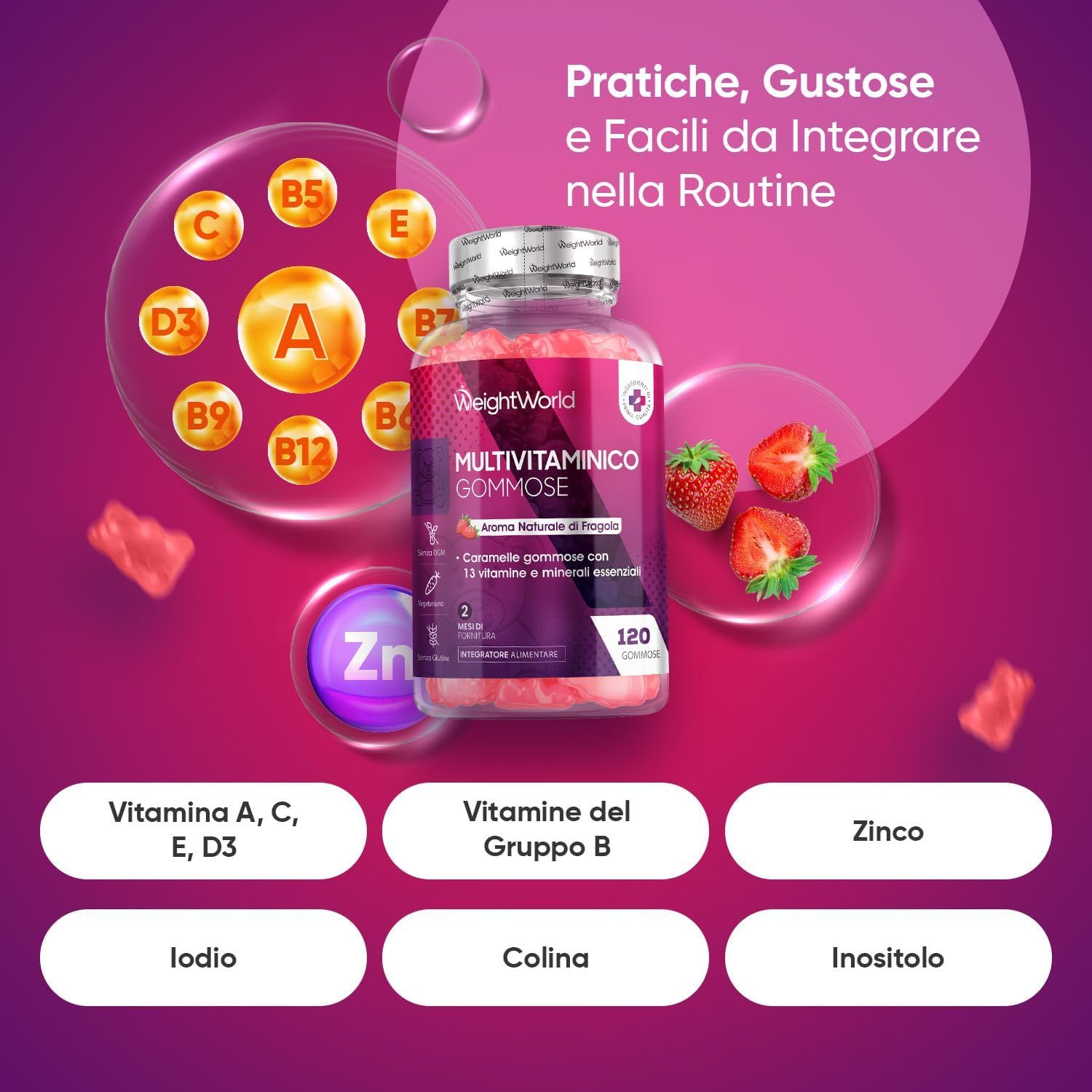 WeightWorld Multivitamin Gummibärchen, circondato da vitamine e fragole. Testo: 'Pratici, gustosi e facili da integrare nella routine'.