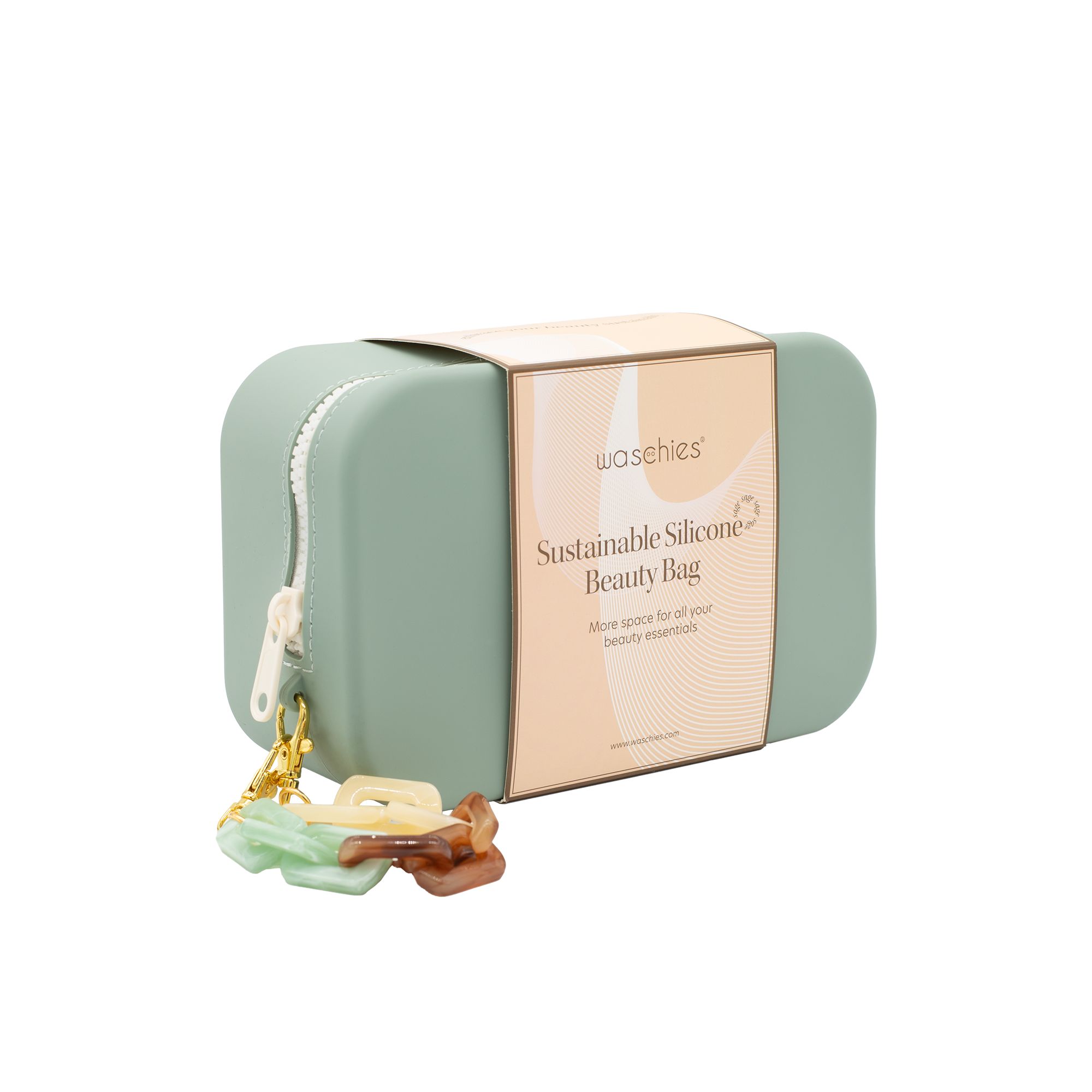 Pochette cosmetica verde chiaro in silicone con cerniera e ciondolo. "waschies" è scritto sulla borsa. Confezione con testo.