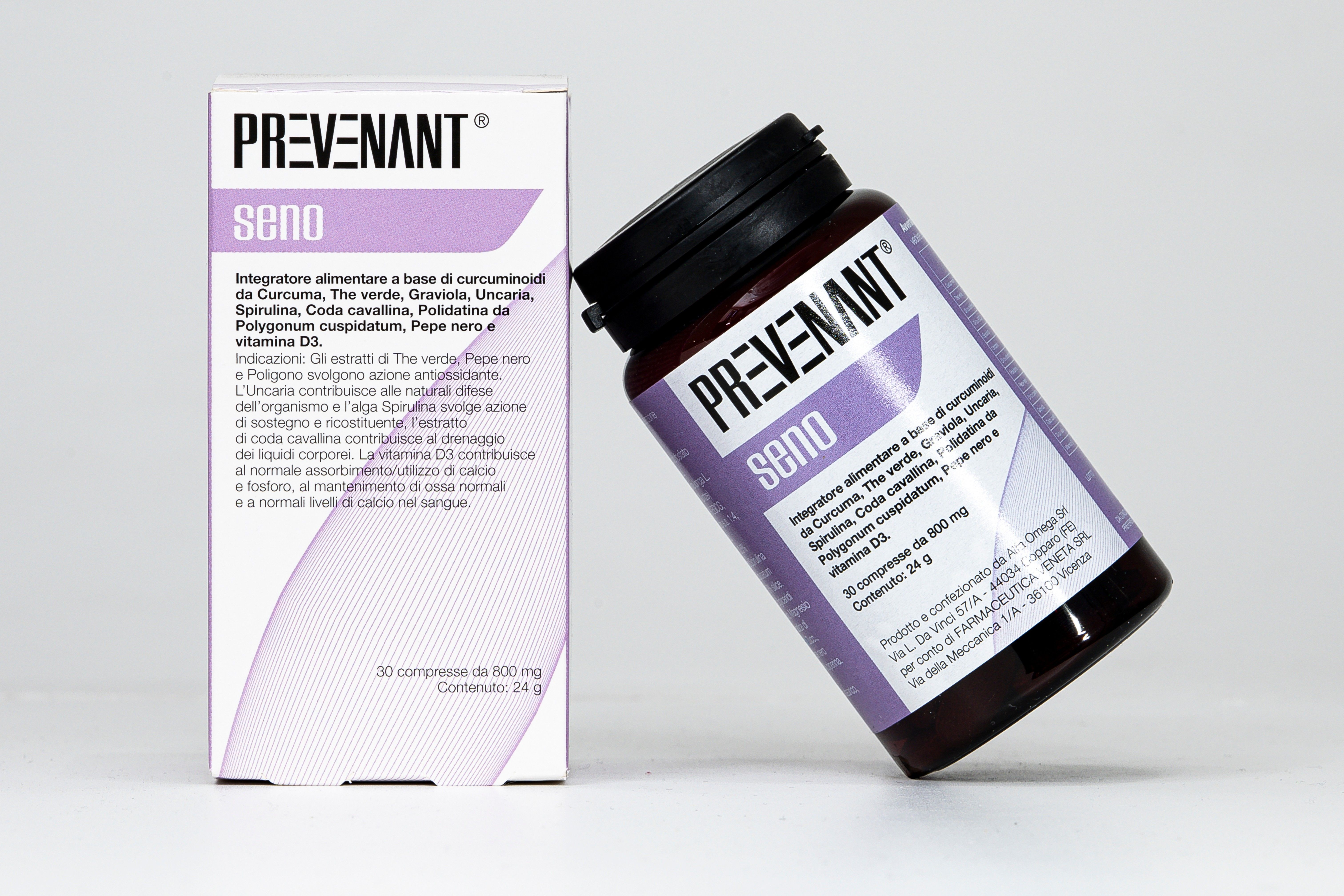 PREVENANT Seno. Bottiglia e scatola. Bottiglia marrone con tappo nero. Scatola bianca. Entrambi con etichette viola e testo.