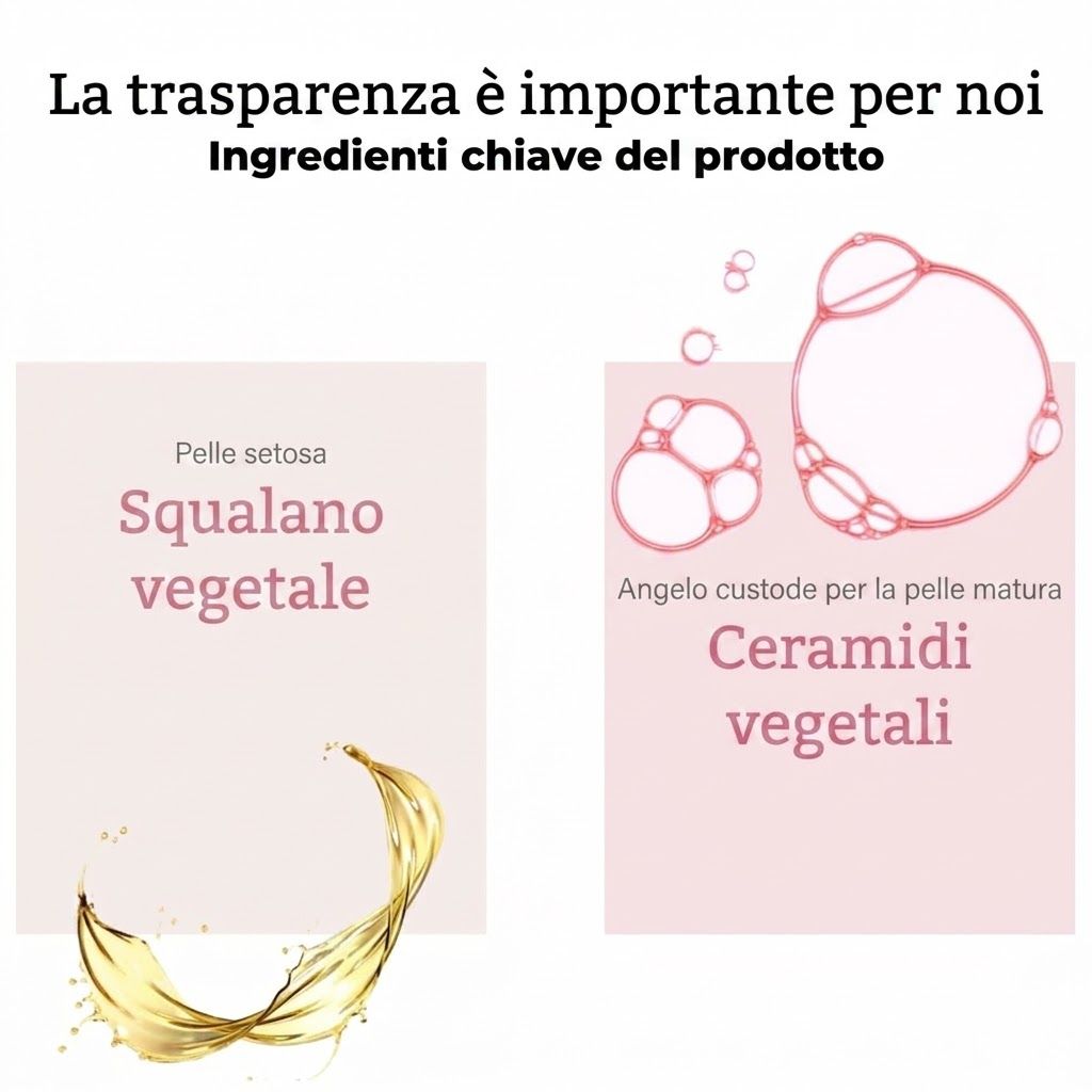 Grafica con ingredienti. Squalano vegetale e ceramidi vegetali. Testo: Pelle setosa, angelo custode per pelle matura.