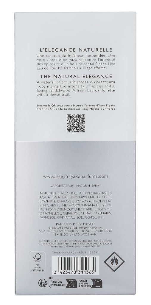 Retro della confezione. Testo in inglese e francese. Codice QR. Ingredienti. Logo FSC. Avvertenza. Prodotto in Francia.