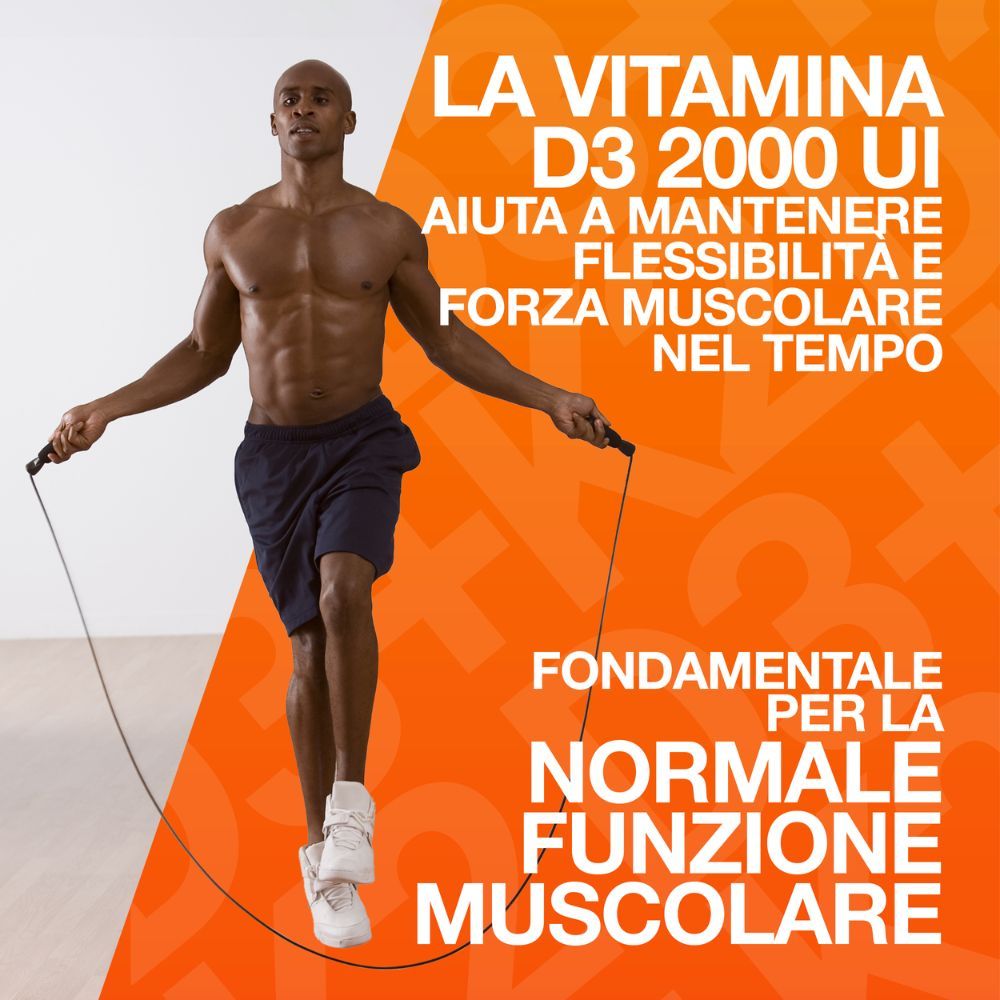 Uomo che salta la corda con testo sulla vitamina D3. Sfondo arancione.