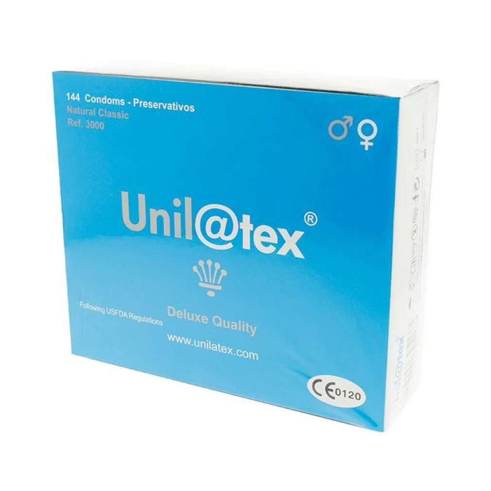 Scatola blu Unilatex. Scritte: 144 preservativi, Natural Classic, Deluxe Quality, marchio CE, logo.