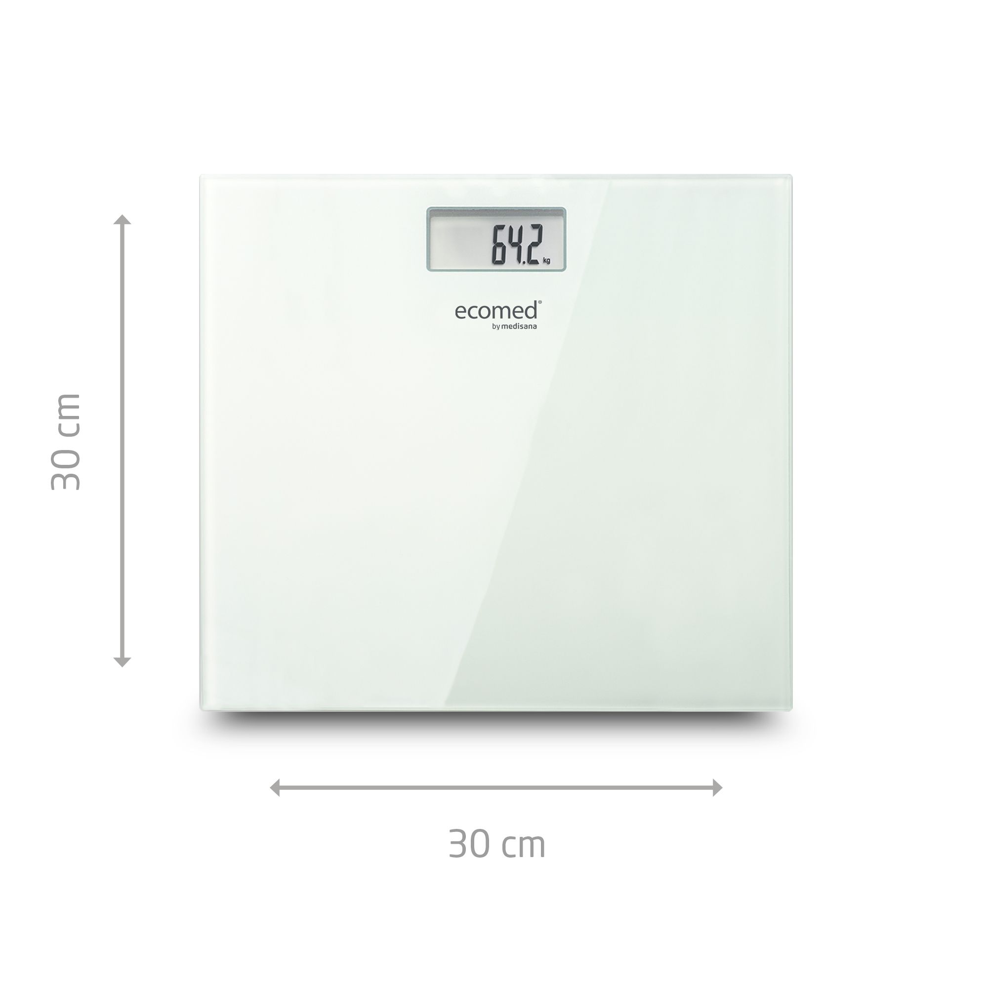Bilancia pesapersone bianca in vetro (30x30 cm) con display digitale (64.2 kg).