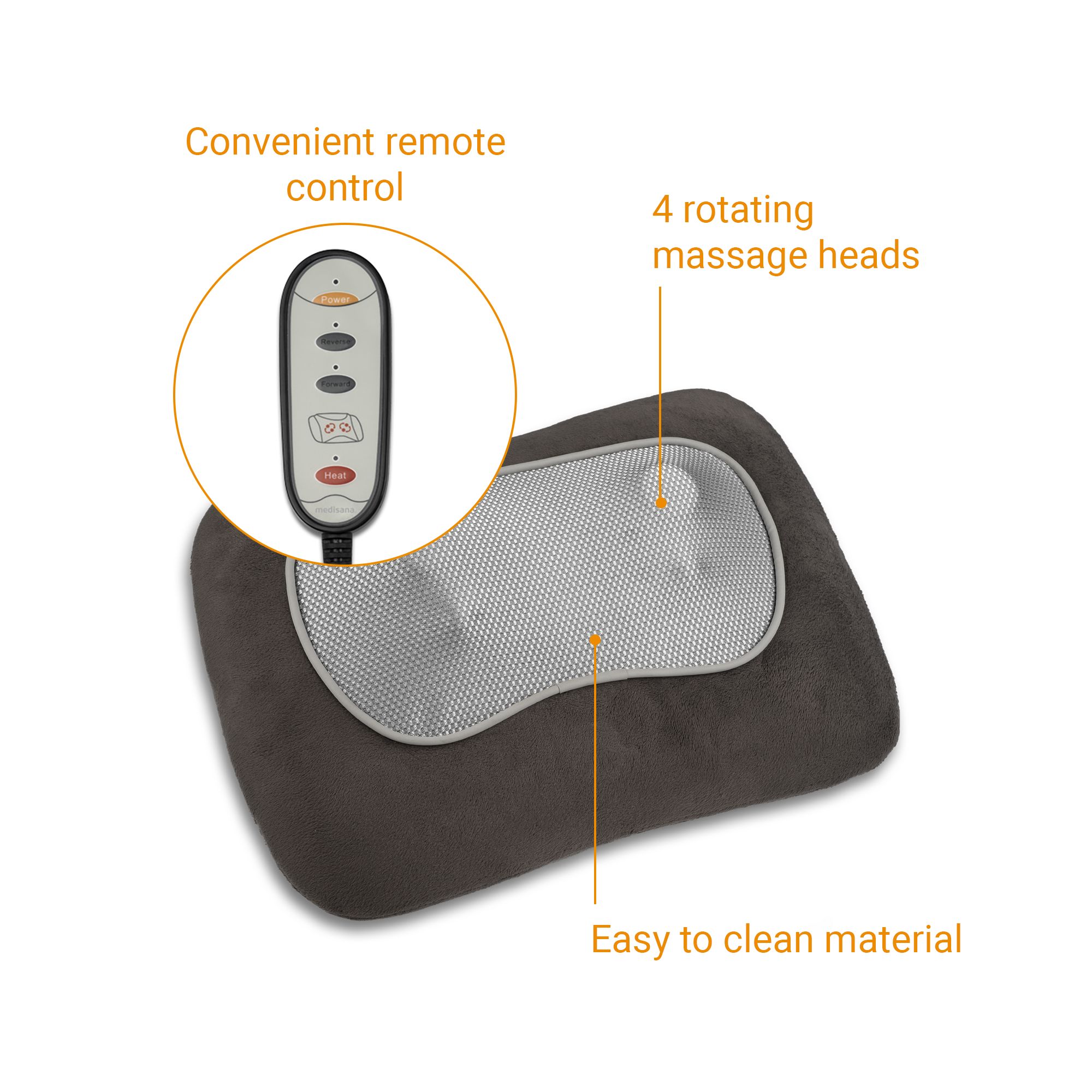 Cuscino massaggiante Shiatsu grigio con telecomando. 4 testine massaggianti rotanti. Materiale facile da pulire.