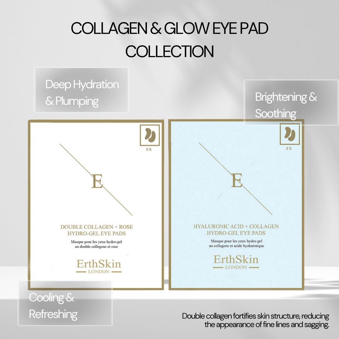 Due confezioni quadrate di patch per gli occhi. Scritta: ErthSkin London. Un pacco contiene patch per gli occhi all'idrogel di rosa, l'altro all'acido ialuronico + collagene.