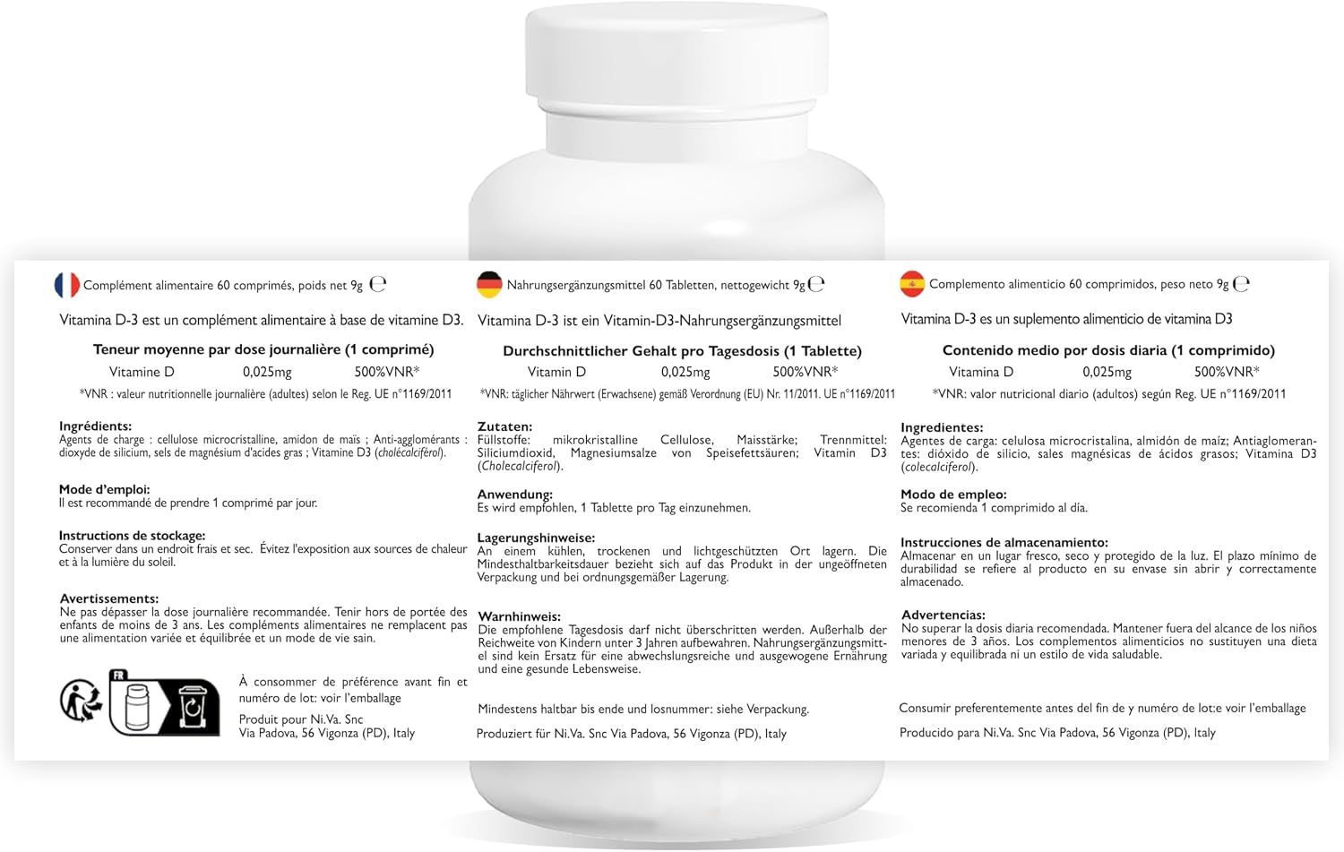 Retro di un flacone di Vitamina D-3, con istruzioni multilingue.