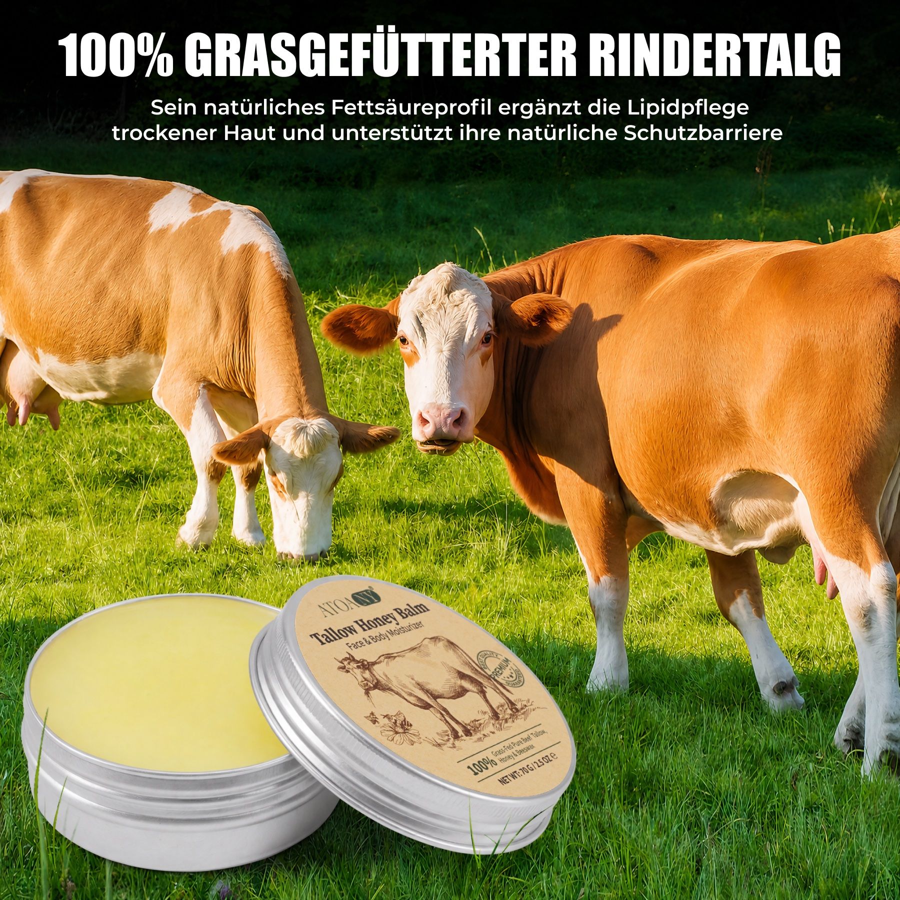Barattolo argentato aperto con balsamo giallo, accanto un barattolo con etichetta raffigurante una mucca. Due mucche in un prato verde.