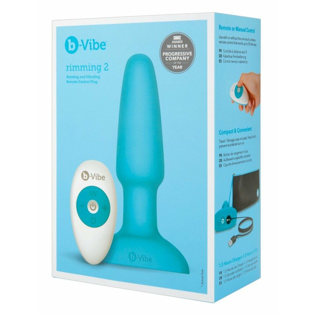 Plug b-Vibe rimming 2 turchese con telecomando, in confezione. Nome prodotto, logo e riconoscimenti visibili.